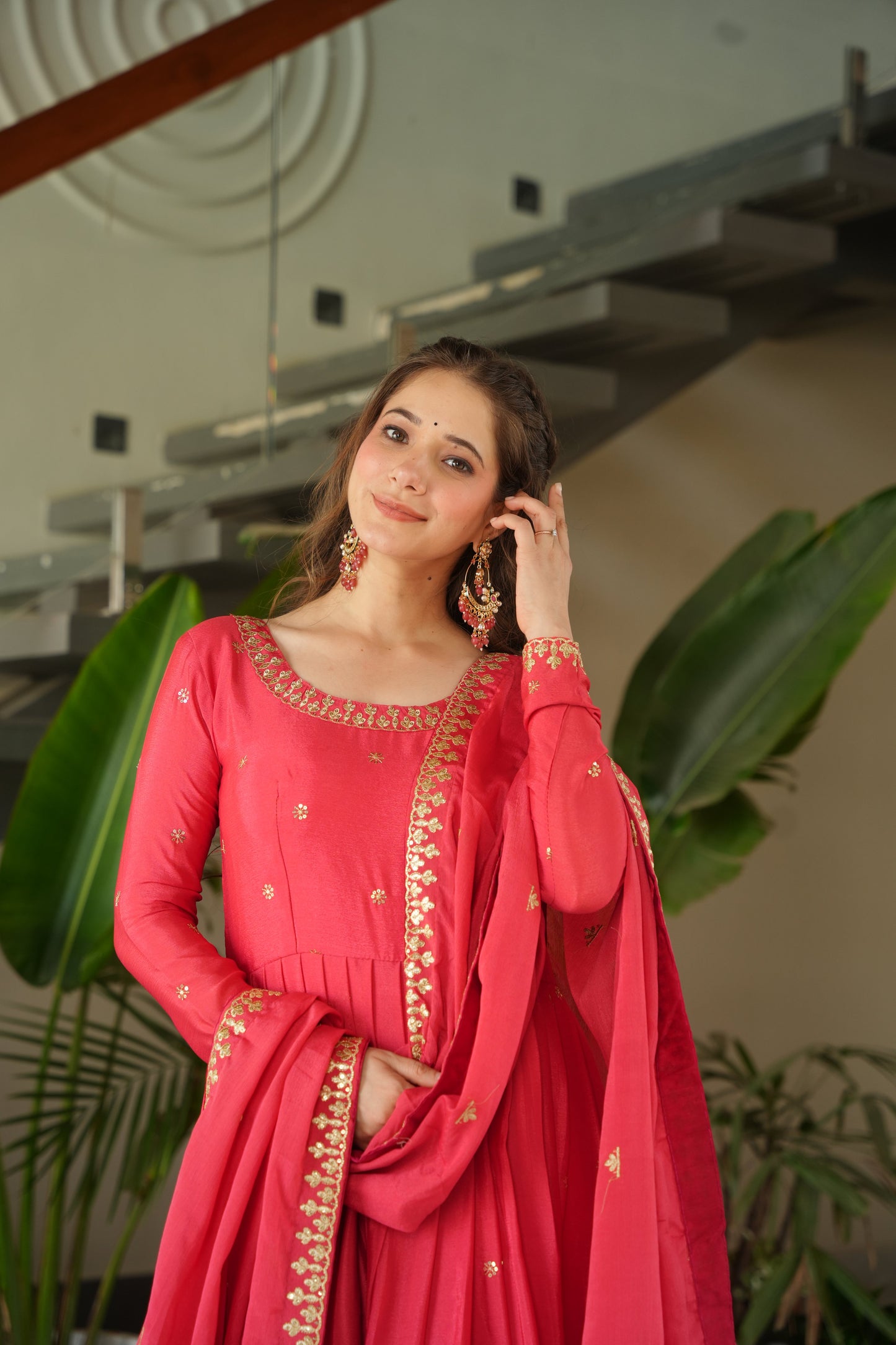 Peach Chinon Embroidered Readymade Gown with Dupatta