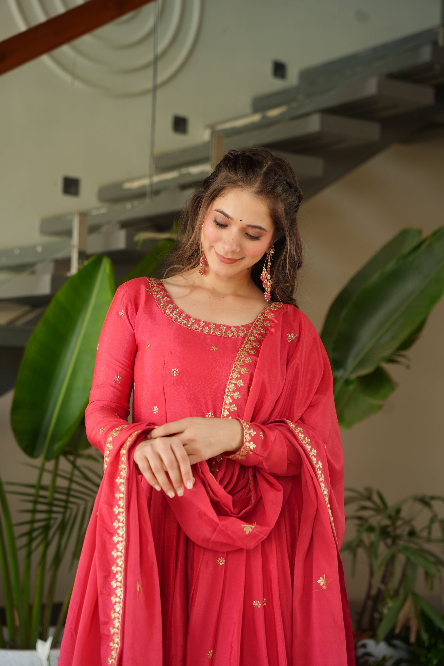 Peach Chinon Embroidered Readymade Gown with Dupatta