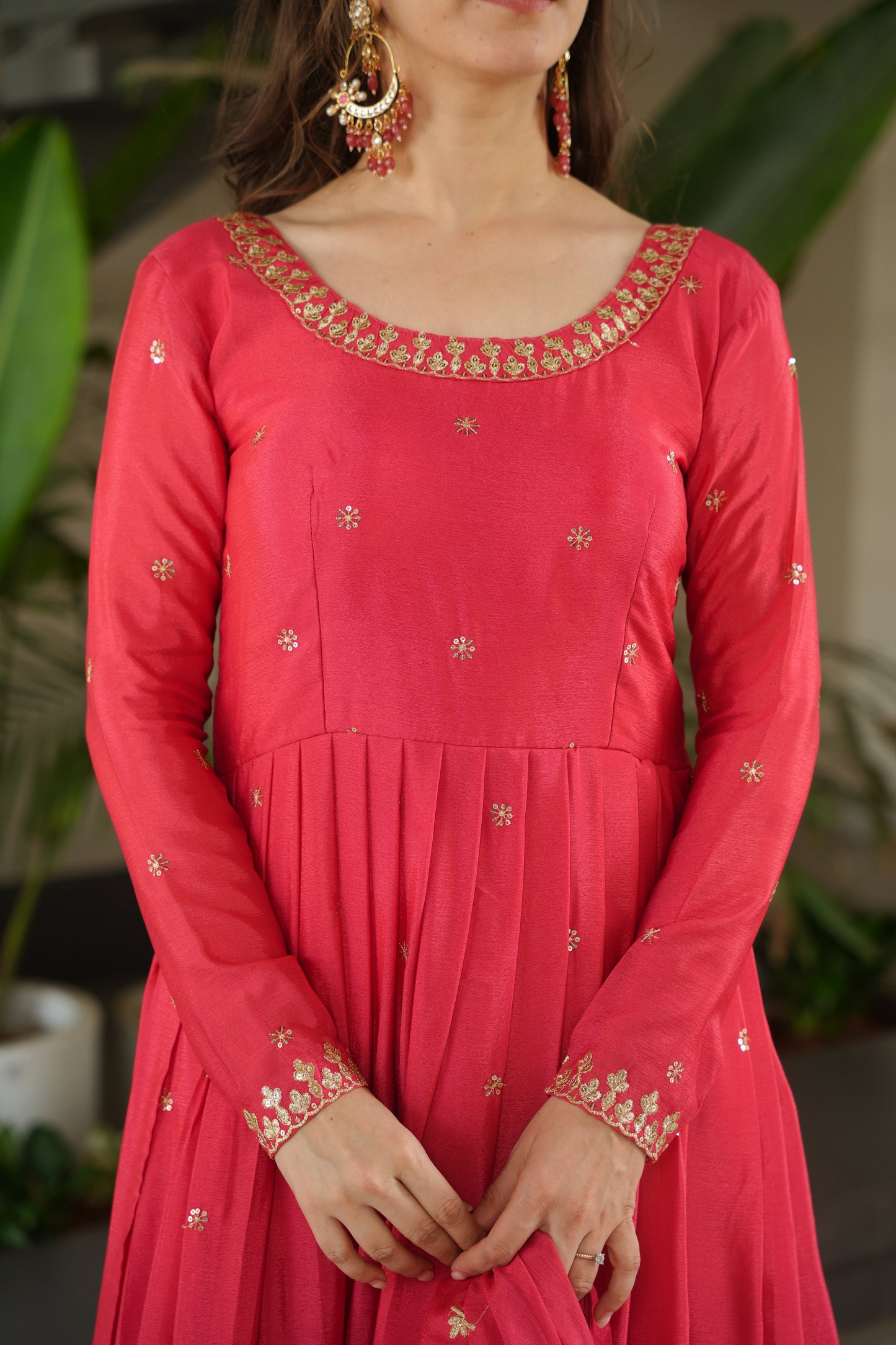 Peach Chinon Embroidered Readymade Gown with Dupatta