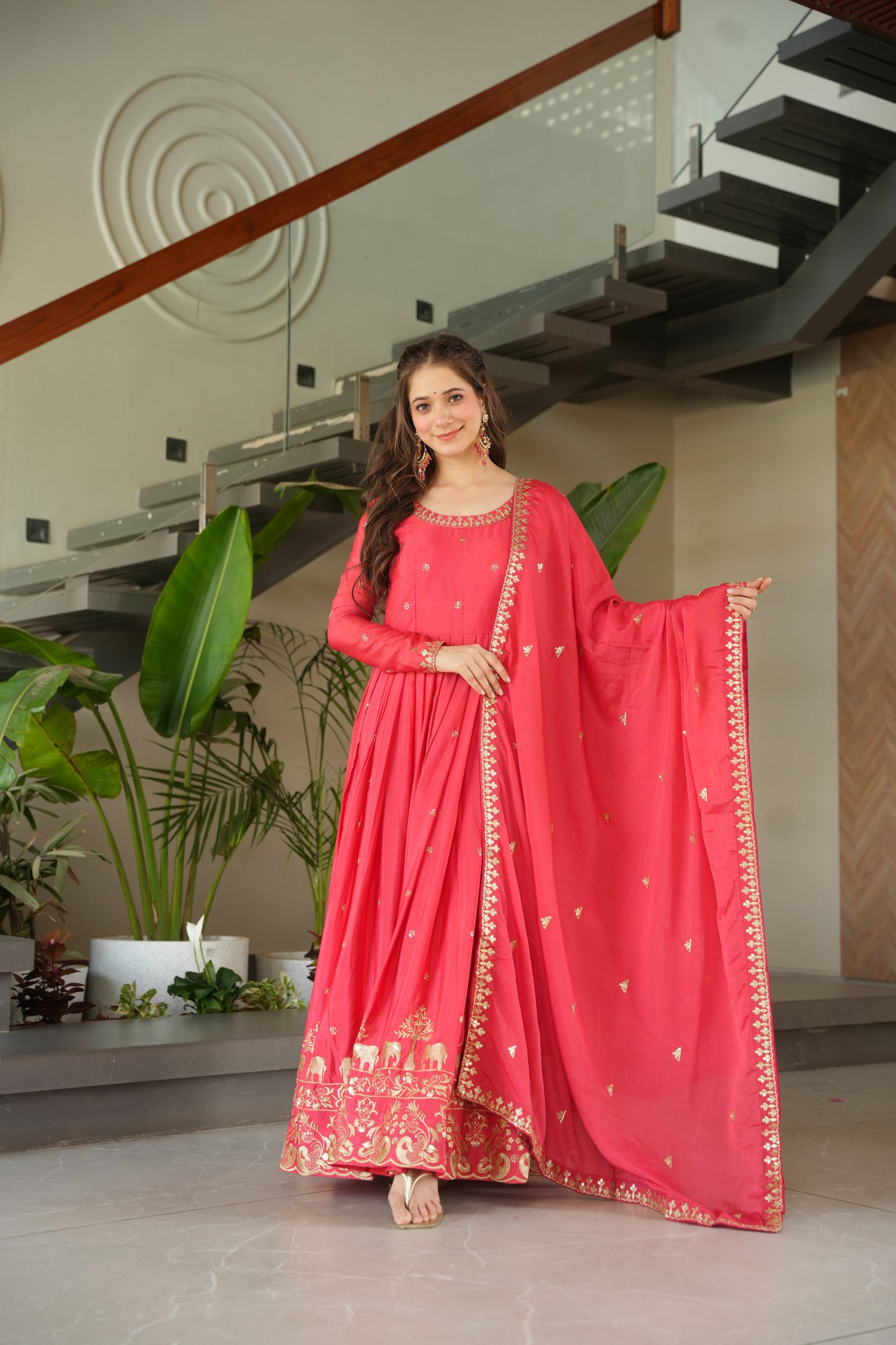 Peach Chinon Embroidered Readymade Gown with Dupatta