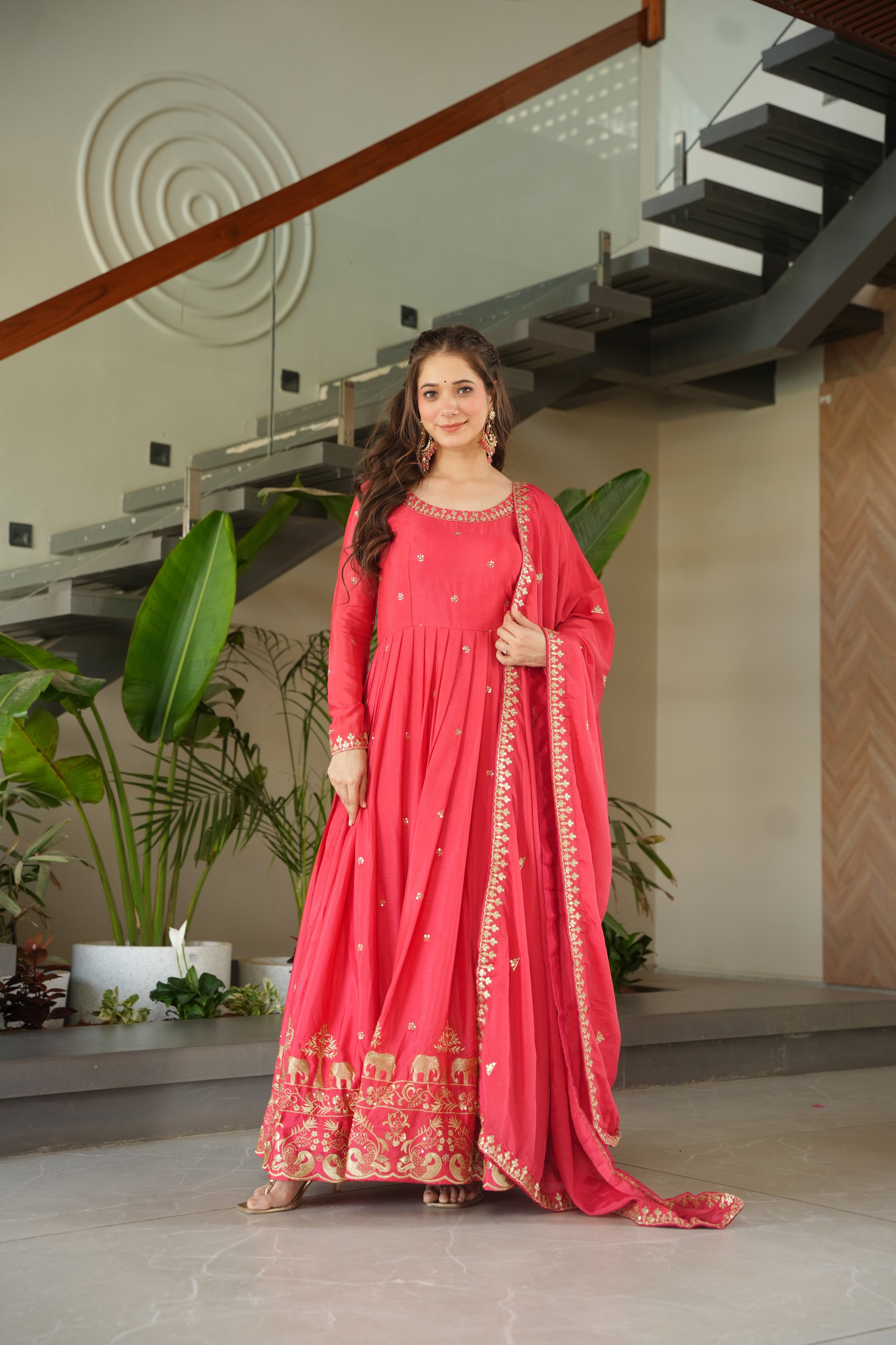 Peach Chinon Embroidered Readymade Gown with Dupatta