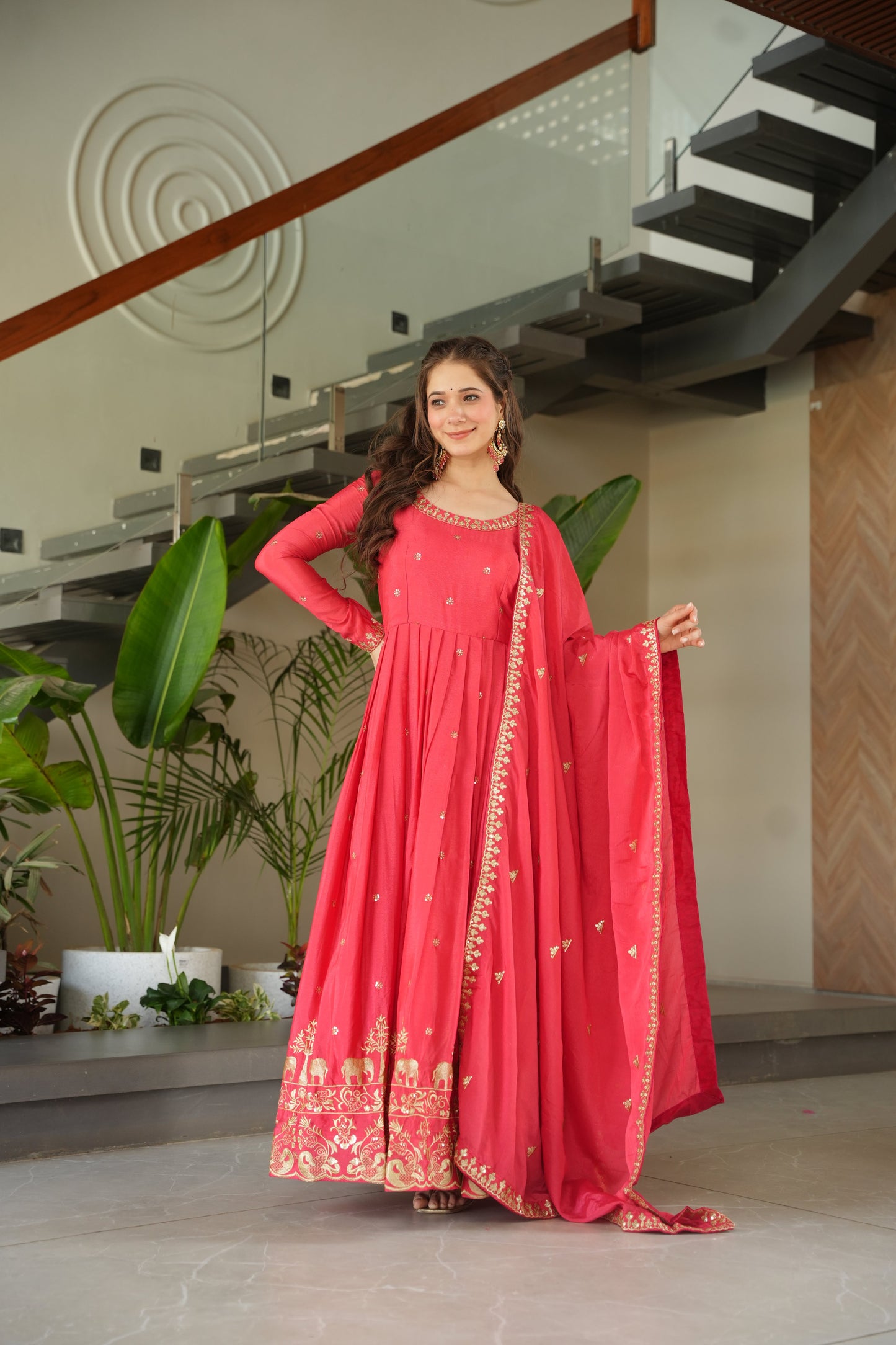 Peach Chinon Embroidered Readymade Gown with Dupatta