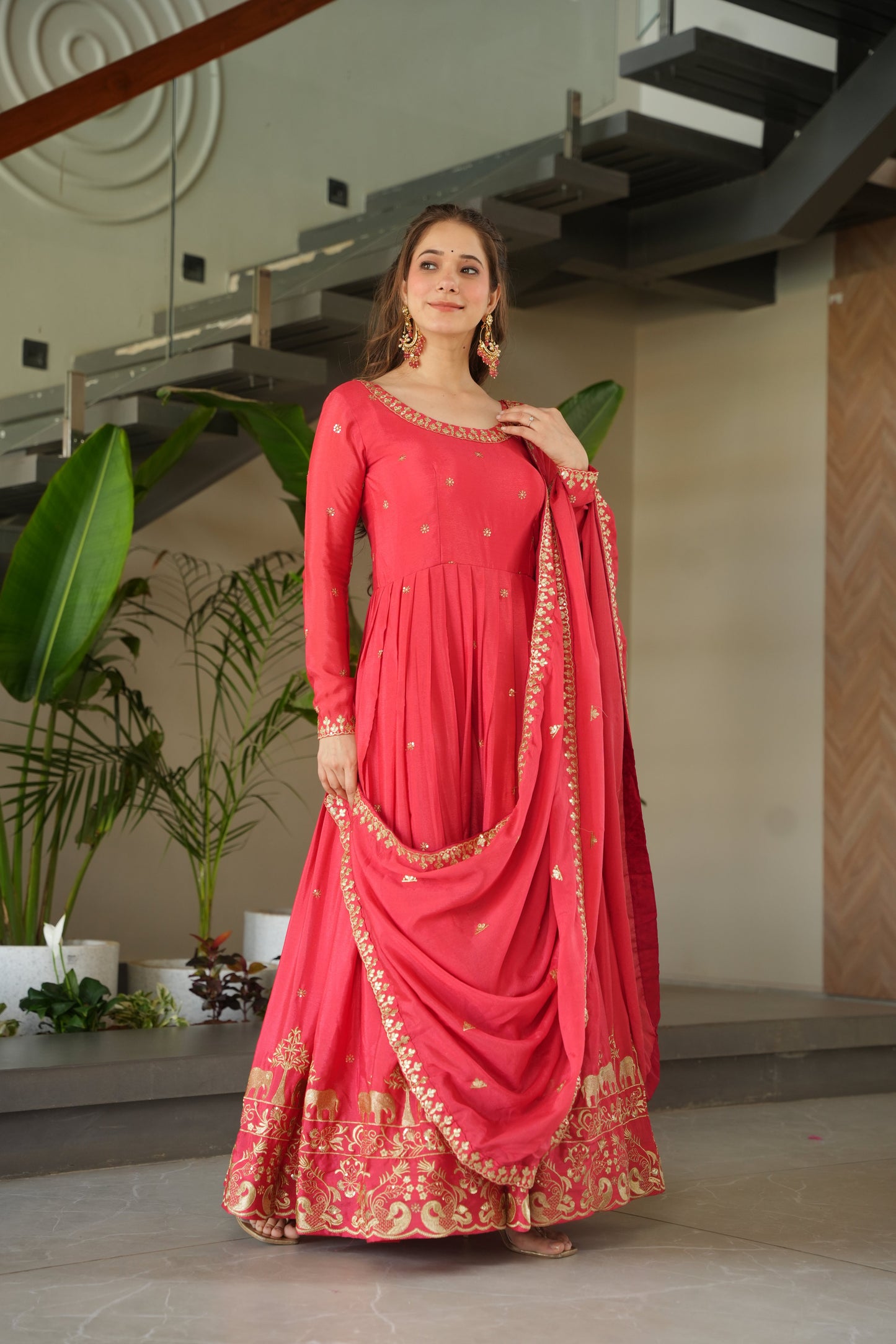 Peach Chinon Embroidered Readymade Gown with Dupatta