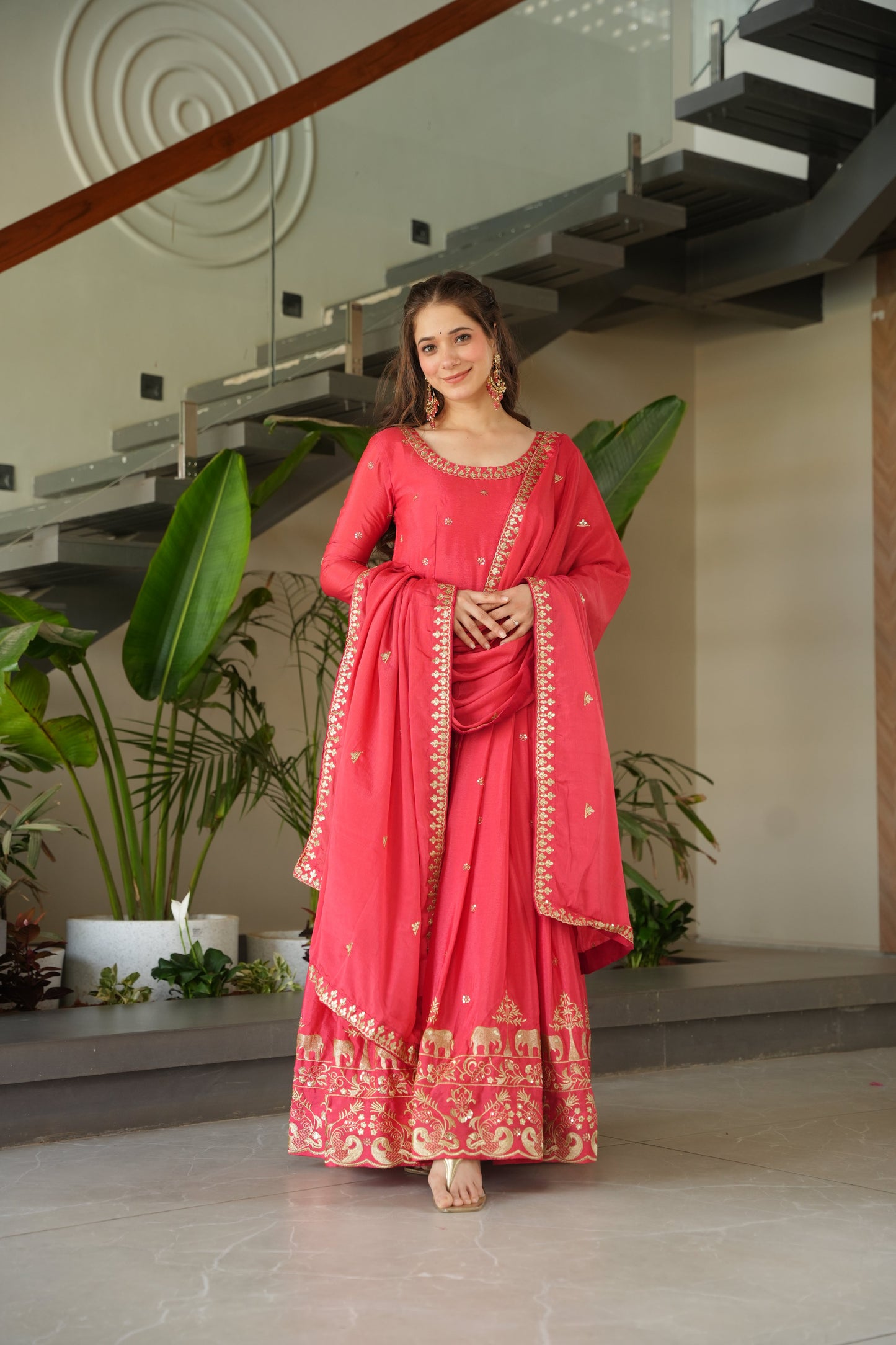 Peach Chinon Embroidered Readymade Gown with Dupatta