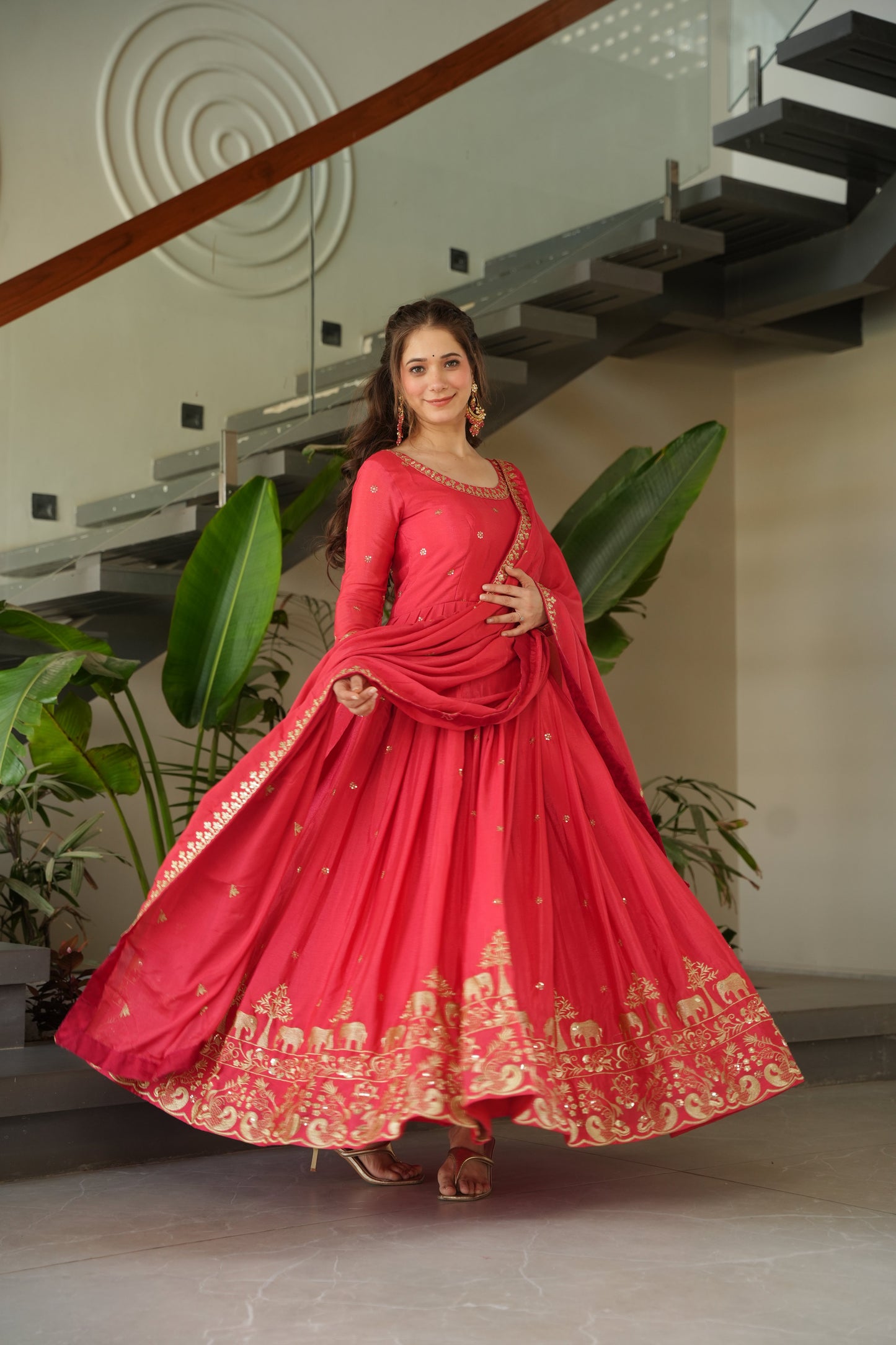 Peach Chinon Embroidered Readymade Gown with Dupatta
