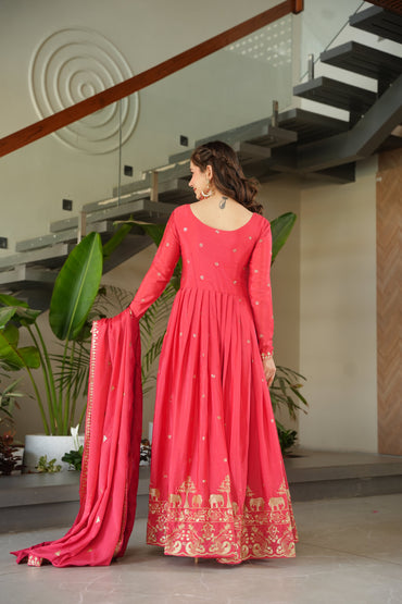 Peach Chinon Embroidered Readymade Gown with Dupatta