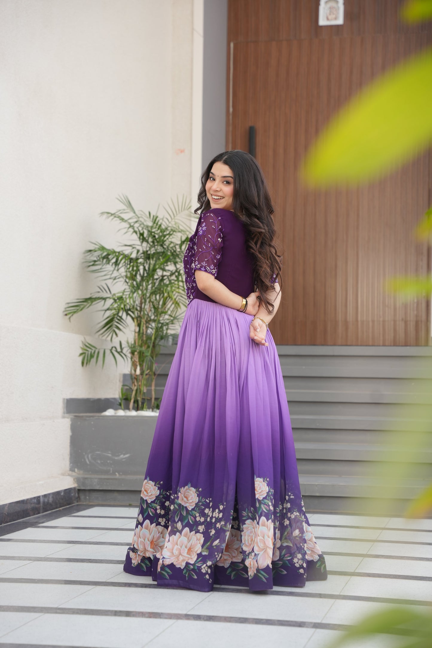 Premium Floral Digital Print Faux Blooming Gown – Beads Embroidered