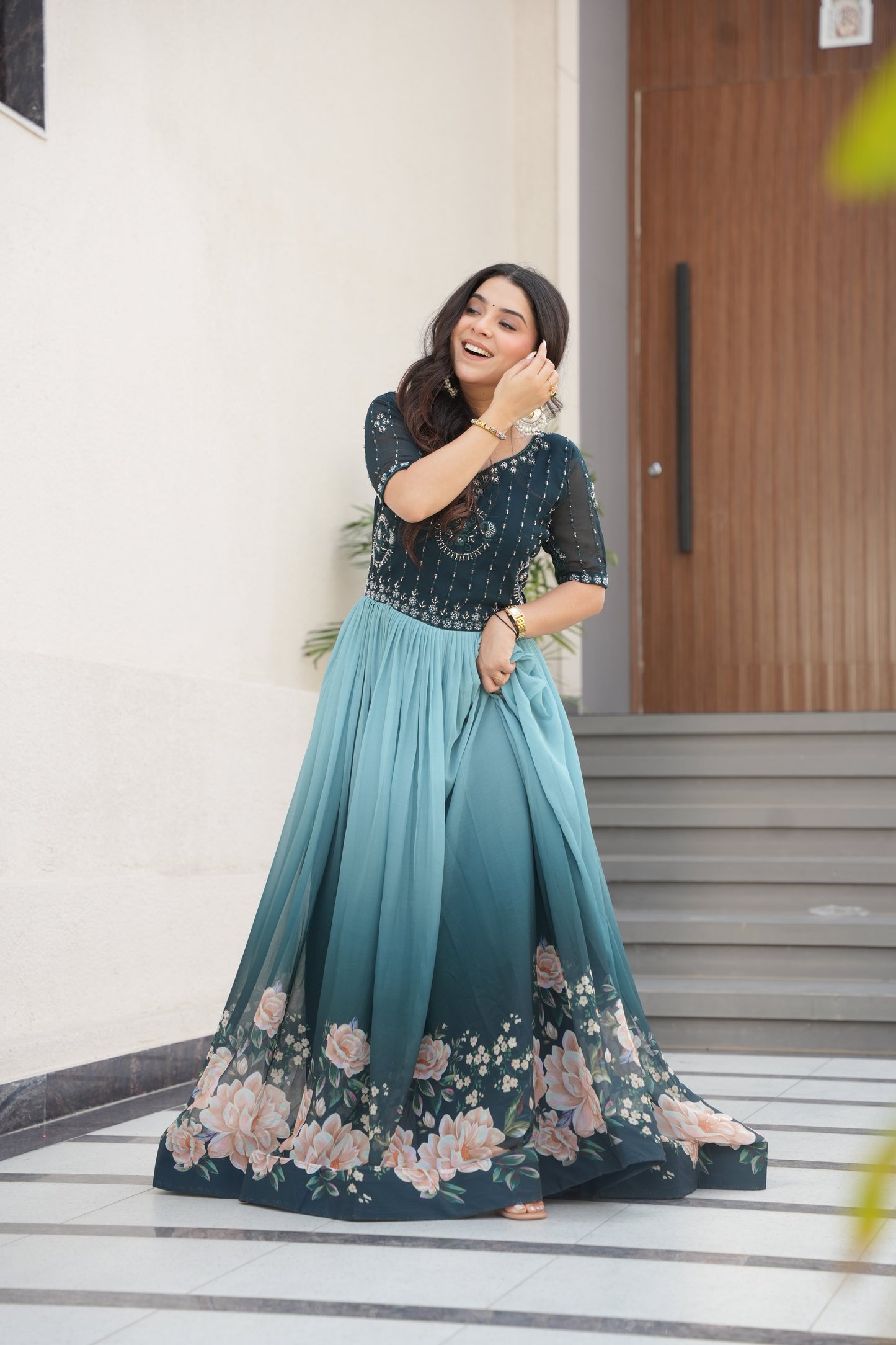 Premium Floral Digital Print Faux Blooming Gown – Beads Embroidered