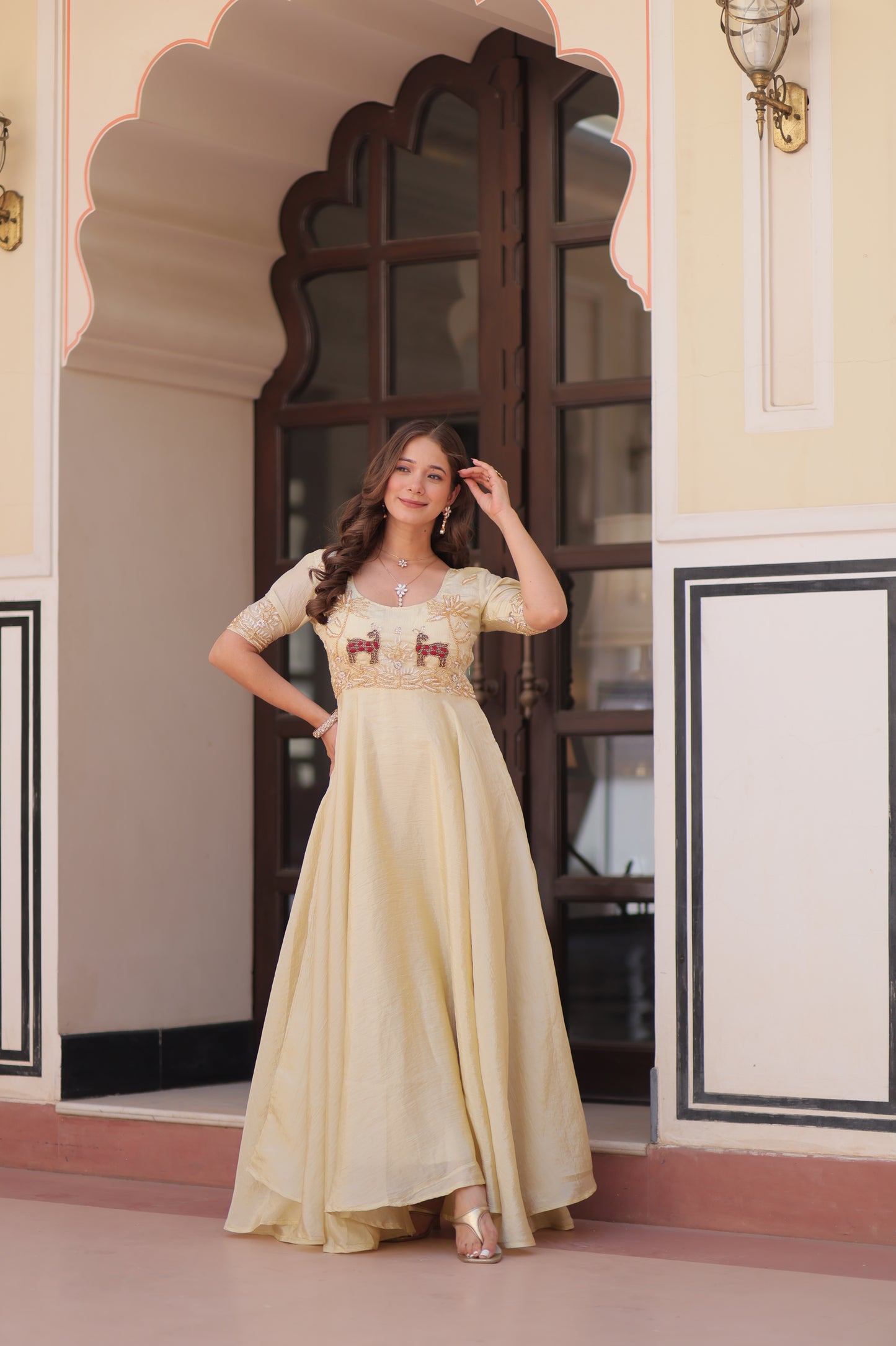 Luxury Gold Crush Embroidered Gown – 8 Mtr Flair