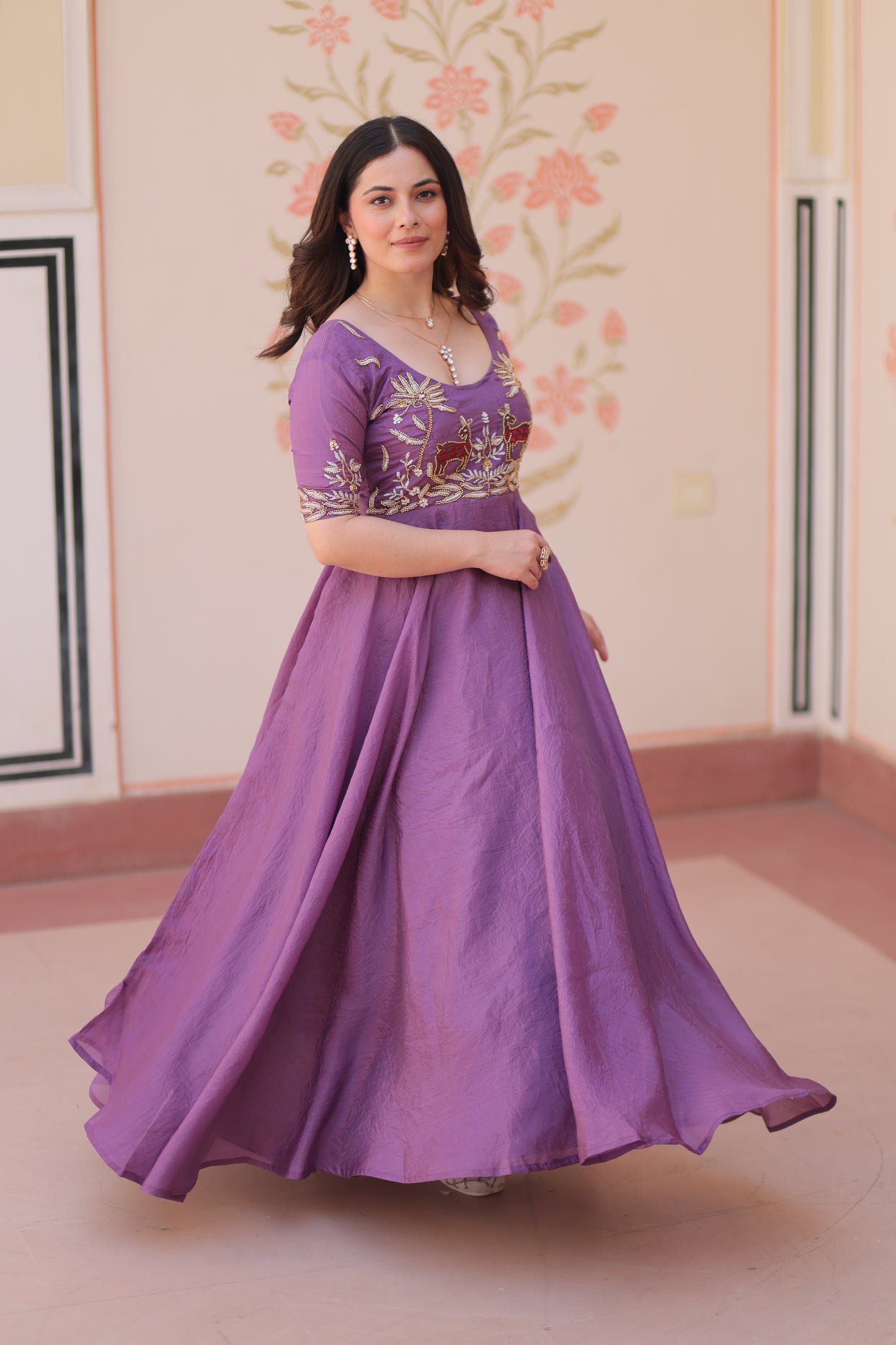 Luxury Gold Crush Embroidered Gown – 8 Mtr Flair