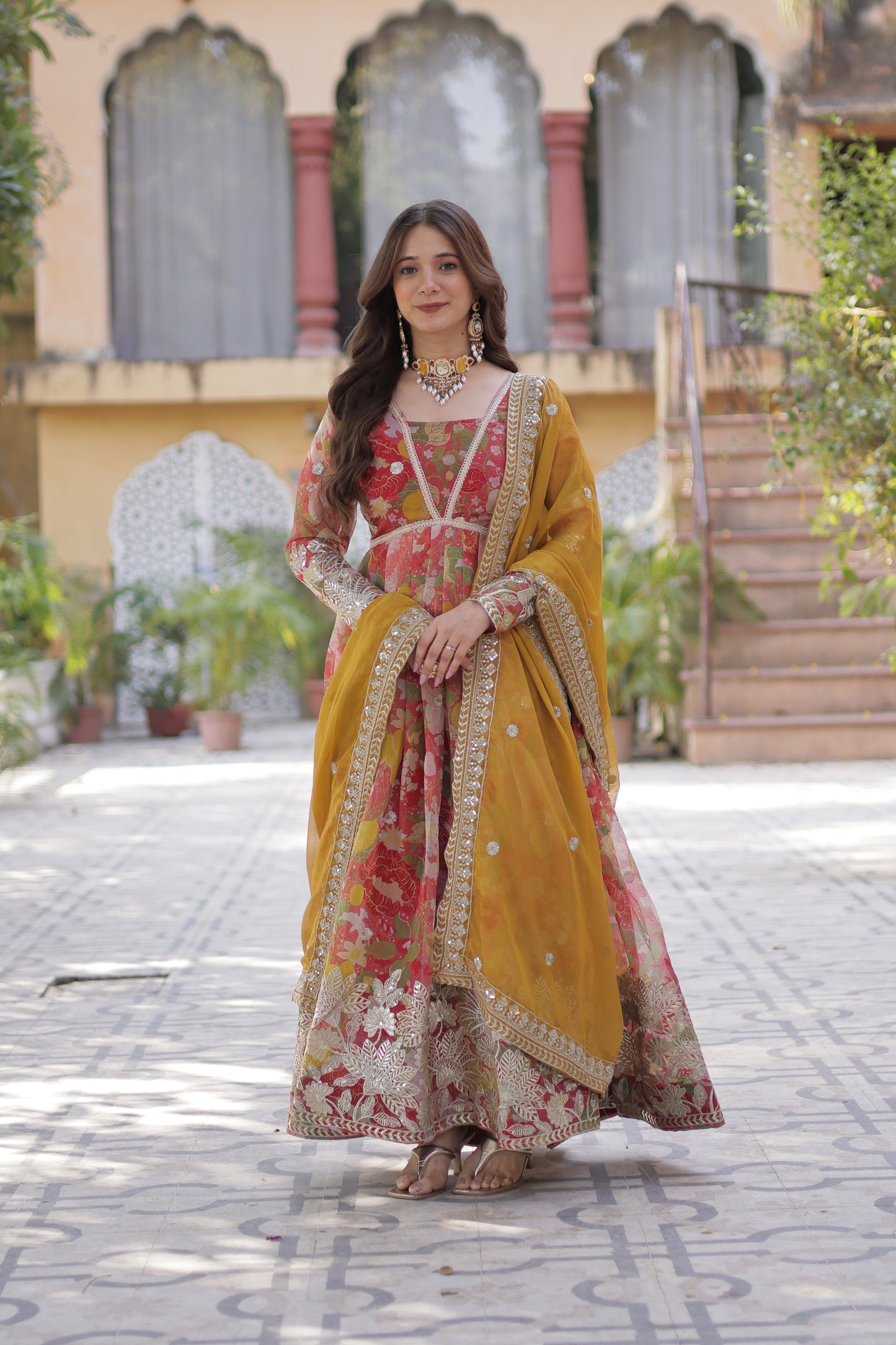 Premium Readymade Alia Cut Gown with Dupatta – Digital Printed Russian Silk with Zari & Sequins Embroidery