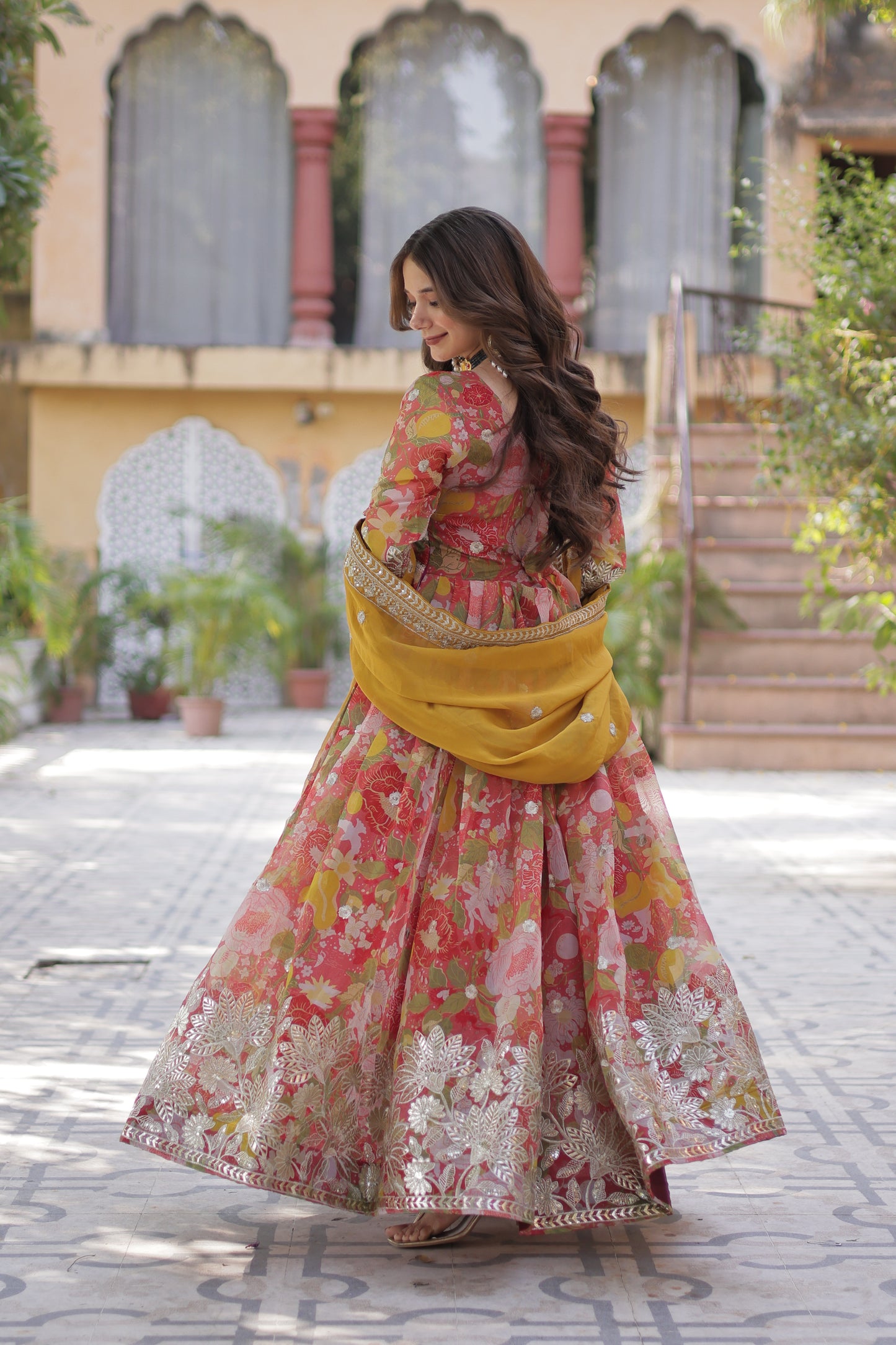 Premium Readymade Alia Cut Gown with Dupatta – Digital Printed Russian Silk with Zari & Sequins Embroidery