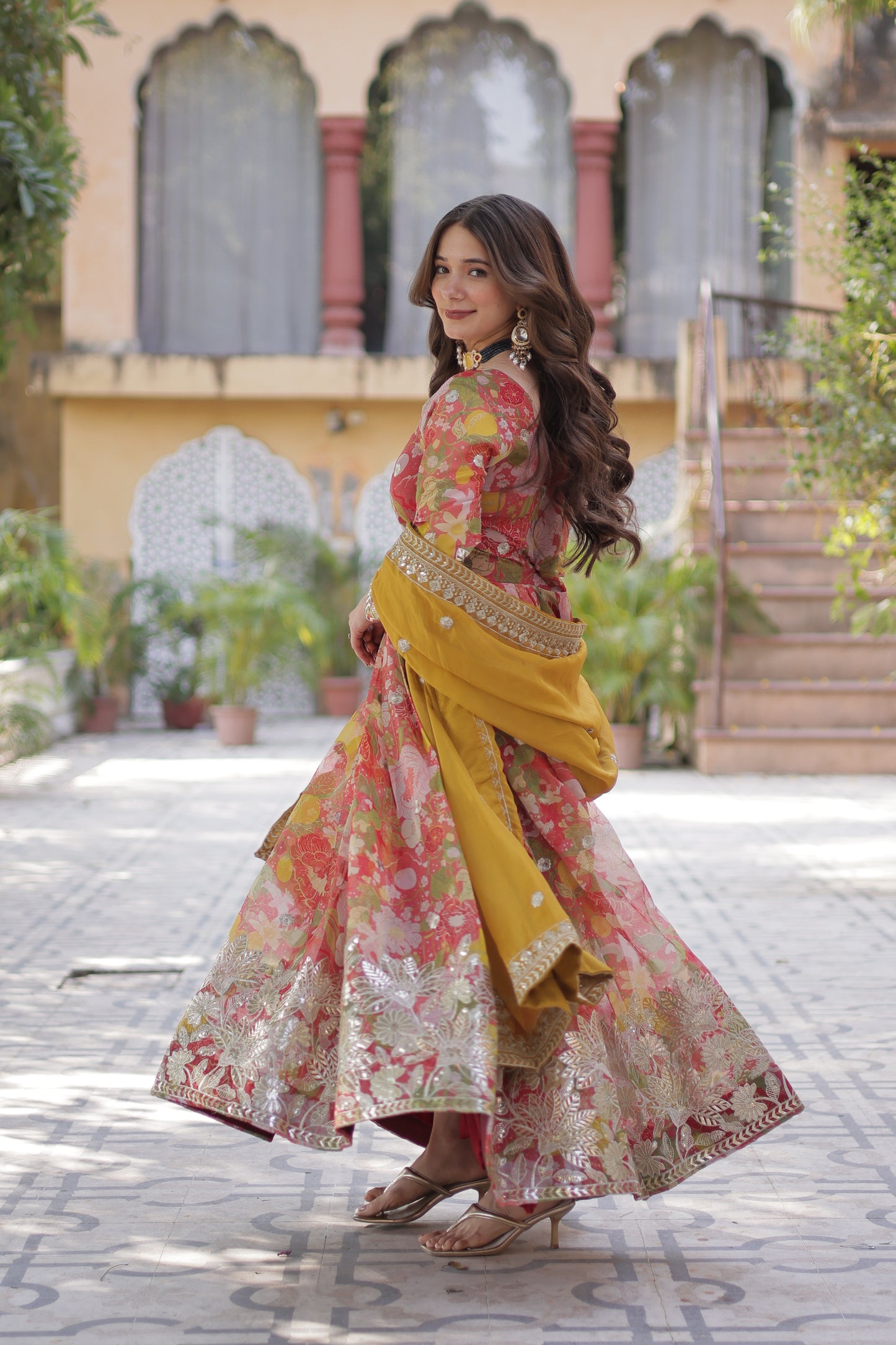 Premium Readymade Alia Cut Gown with Dupatta – Digital Printed Russian Silk with Zari & Sequins Embroidery