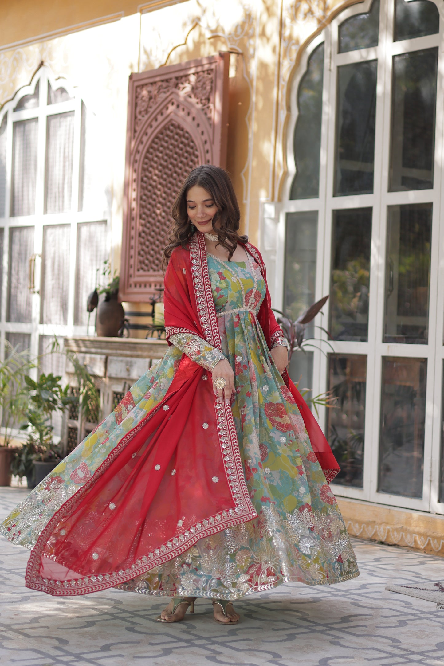 Premium Readymade Alia Cut Gown with Dupatta – Digital Printed Russian Silk with Zari & Sequins Embroidery