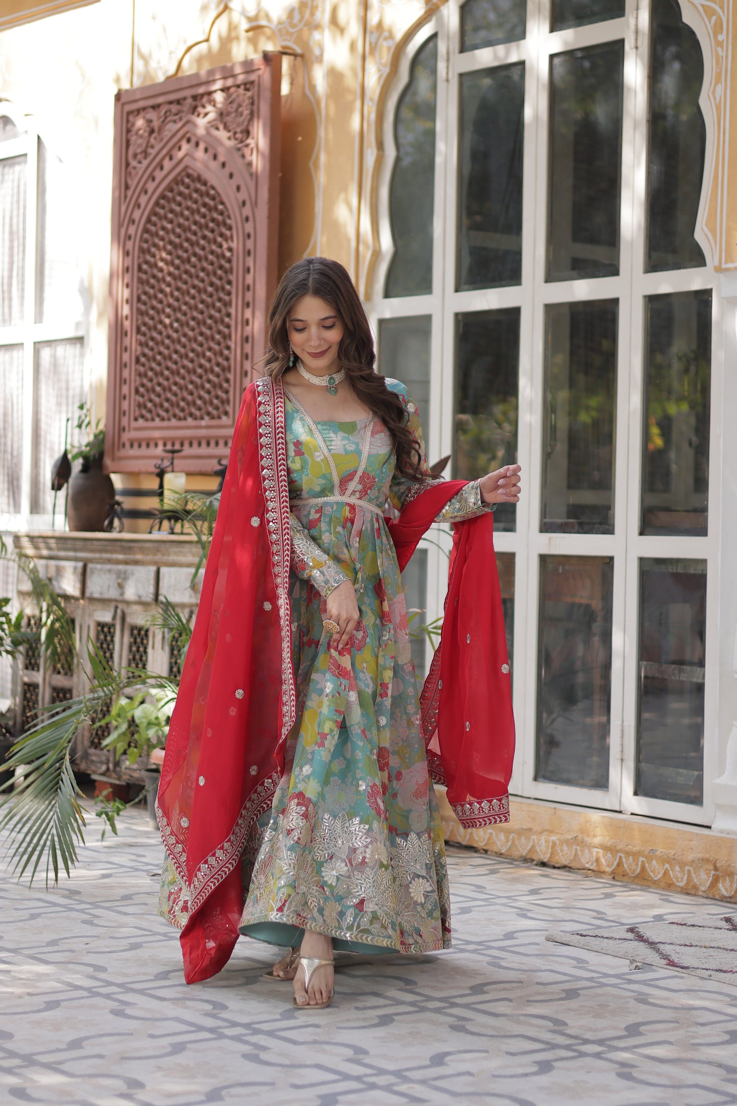 Premium Readymade Alia Cut Gown with Dupatta – Digital Printed Russian Silk with Zari & Sequins Embroidery