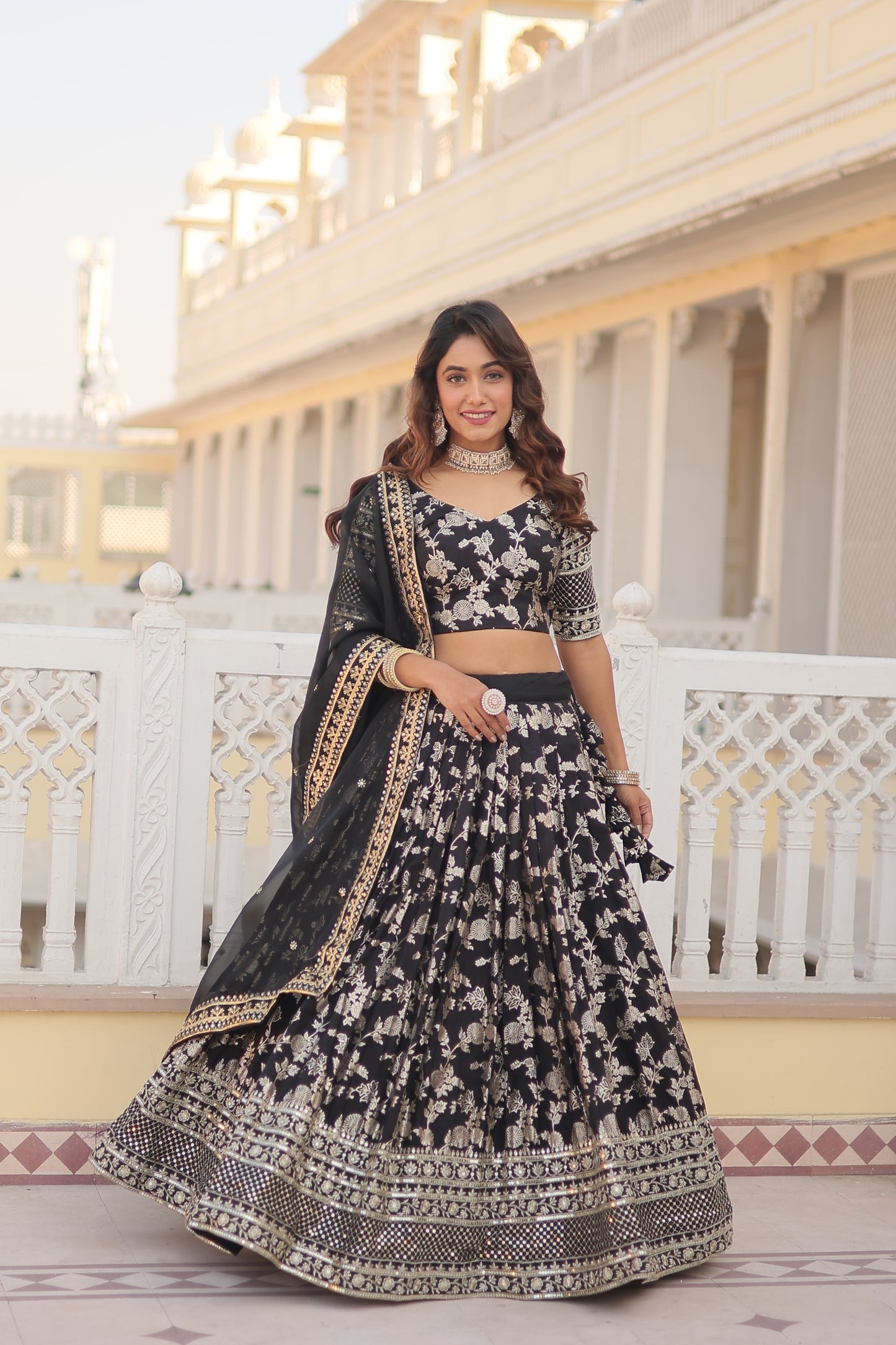 Designer Dyeable Viscose Jacquard Lehenga Choli & Dupatta Set – Sequins Embroidery & Russian Silk Dupatta