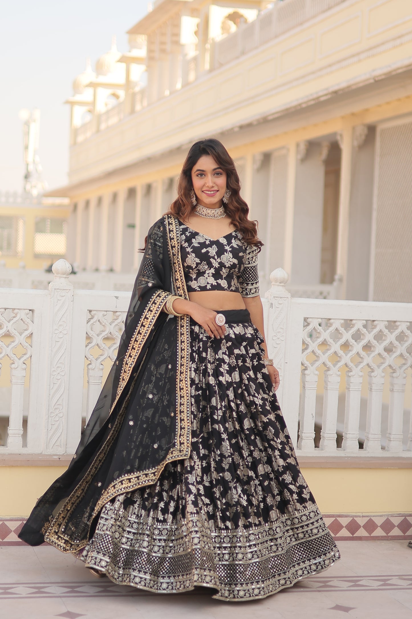 Designer Dyeable Viscose Jacquard Lehenga Choli & Dupatta Set – Sequins Embroidery & Russian Silk Dupatta