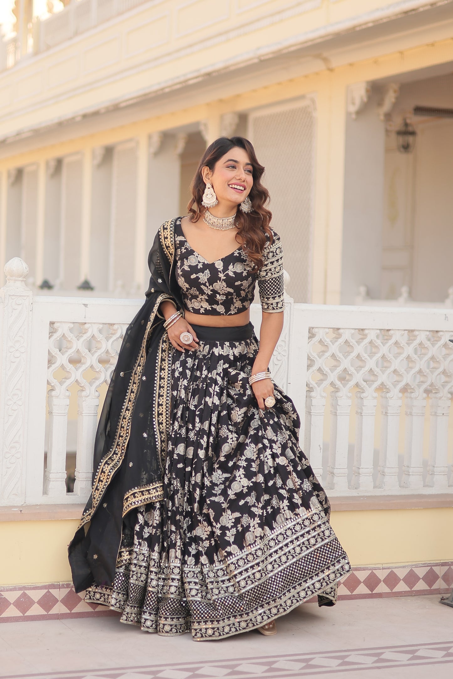 Designer Dyeable Viscose Jacquard Lehenga Choli & Dupatta Set – Sequins Embroidery & Russian Silk Dupatta