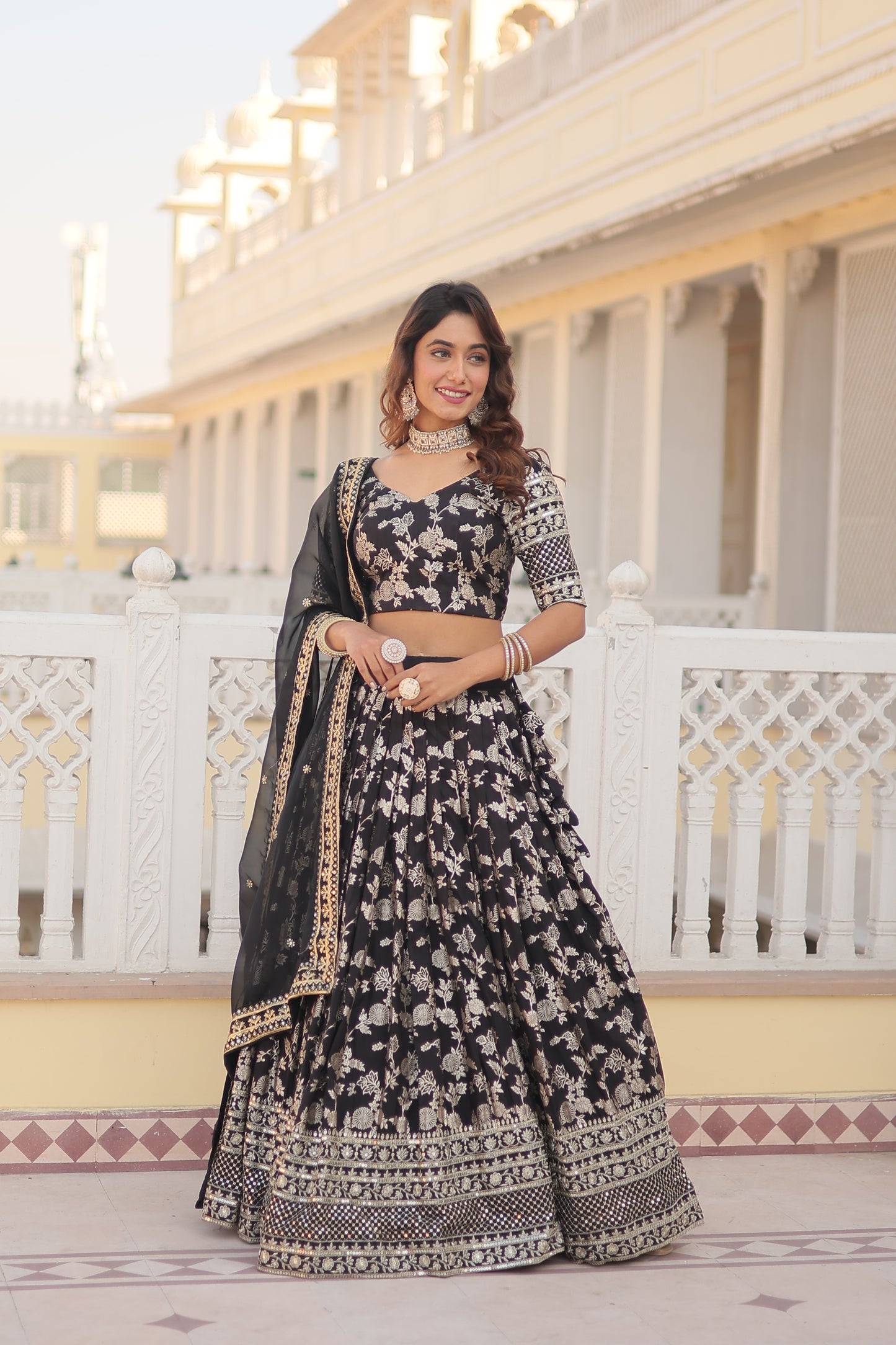 Designer Dyeable Viscose Jacquard Lehenga Choli & Dupatta Set – Sequins Embroidery & Russian Silk Dupatta