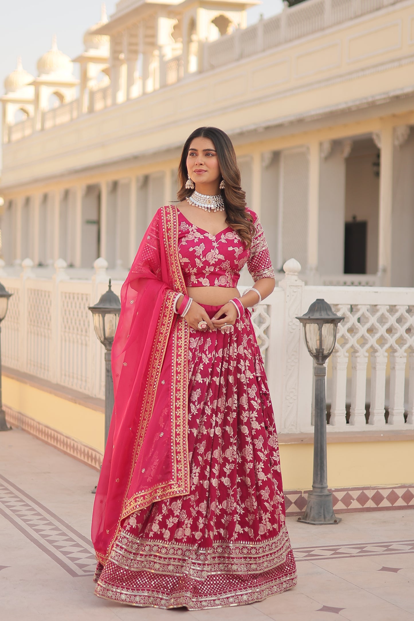 Designer Dyeable Viscose Jacquard Lehenga Choli & Dupatta Set – Sequins Embroidery & Russian Silk Dupatta