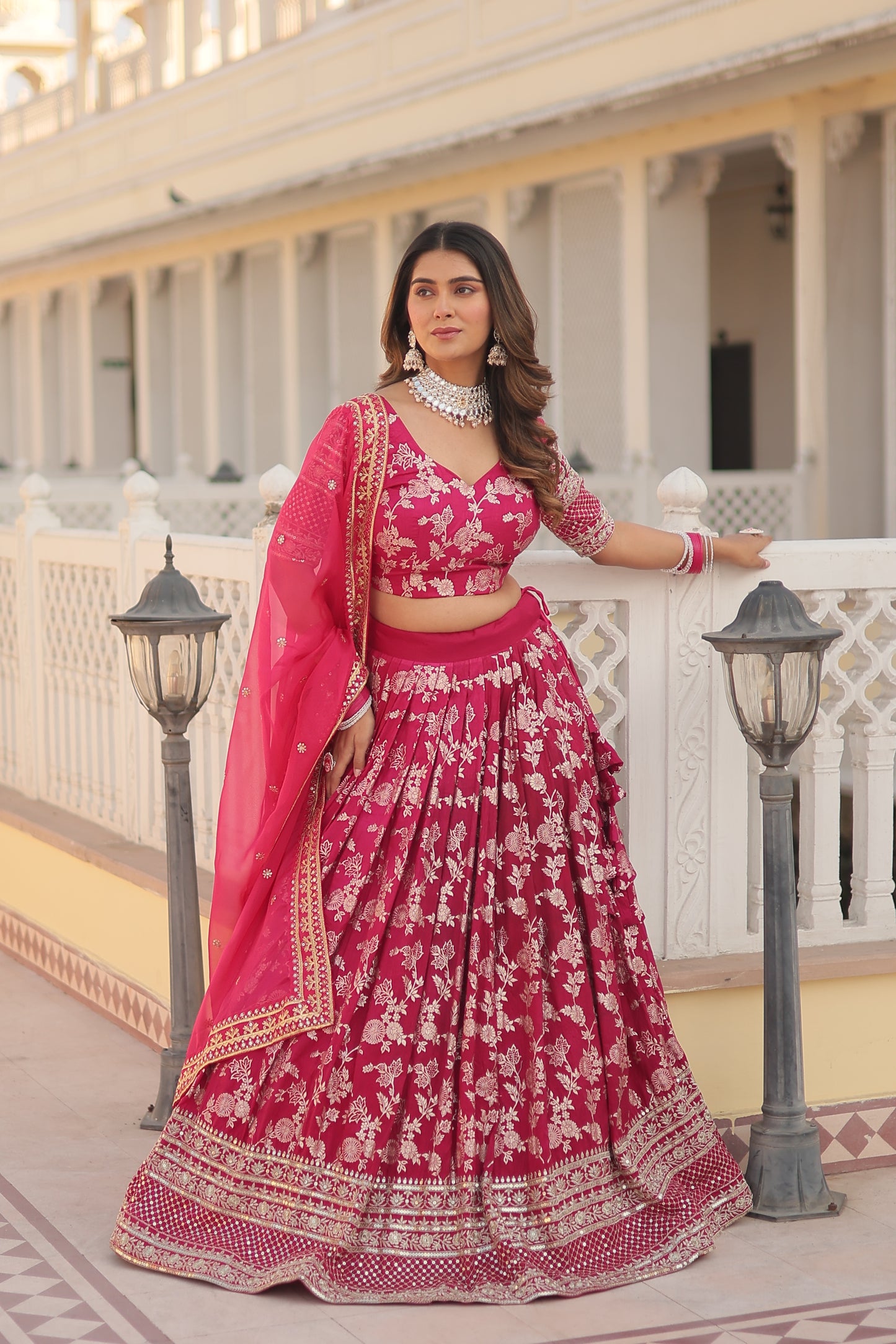 Designer Dyeable Viscose Jacquard Lehenga Choli & Dupatta Set – Sequins Embroidery & Russian Silk Dupatta
