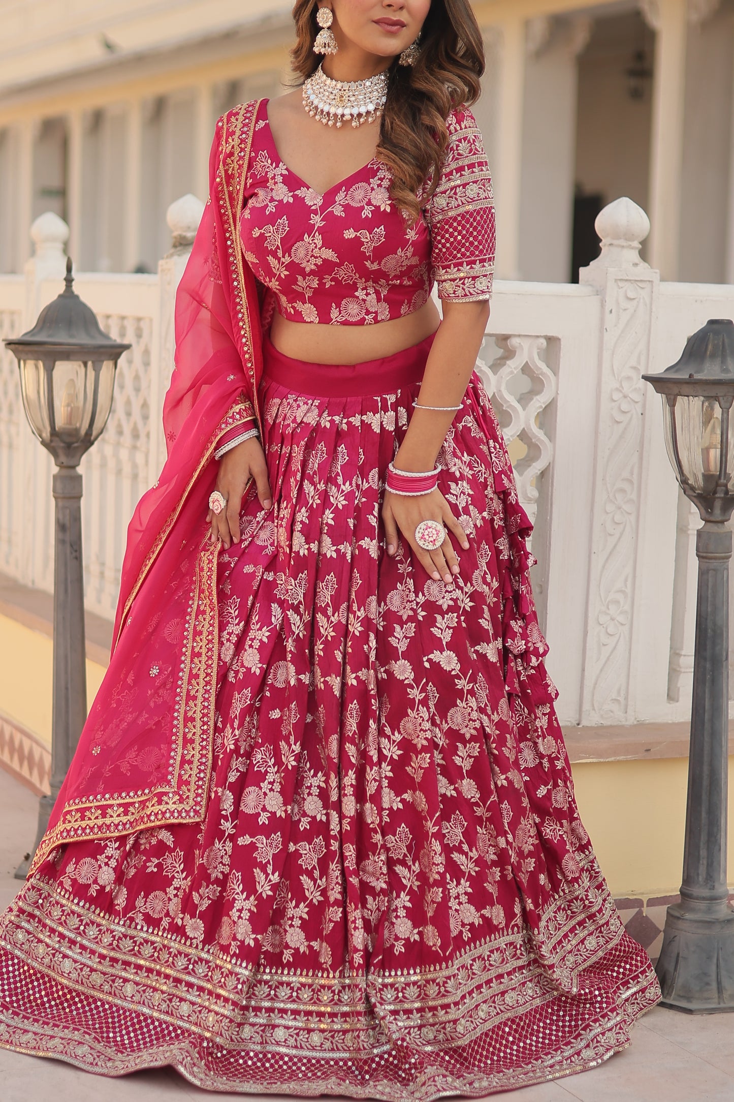 Designer Dyeable Viscose Jacquard Lehenga Choli & Dupatta Set – Sequins Embroidery & Russian Silk Dupatta
