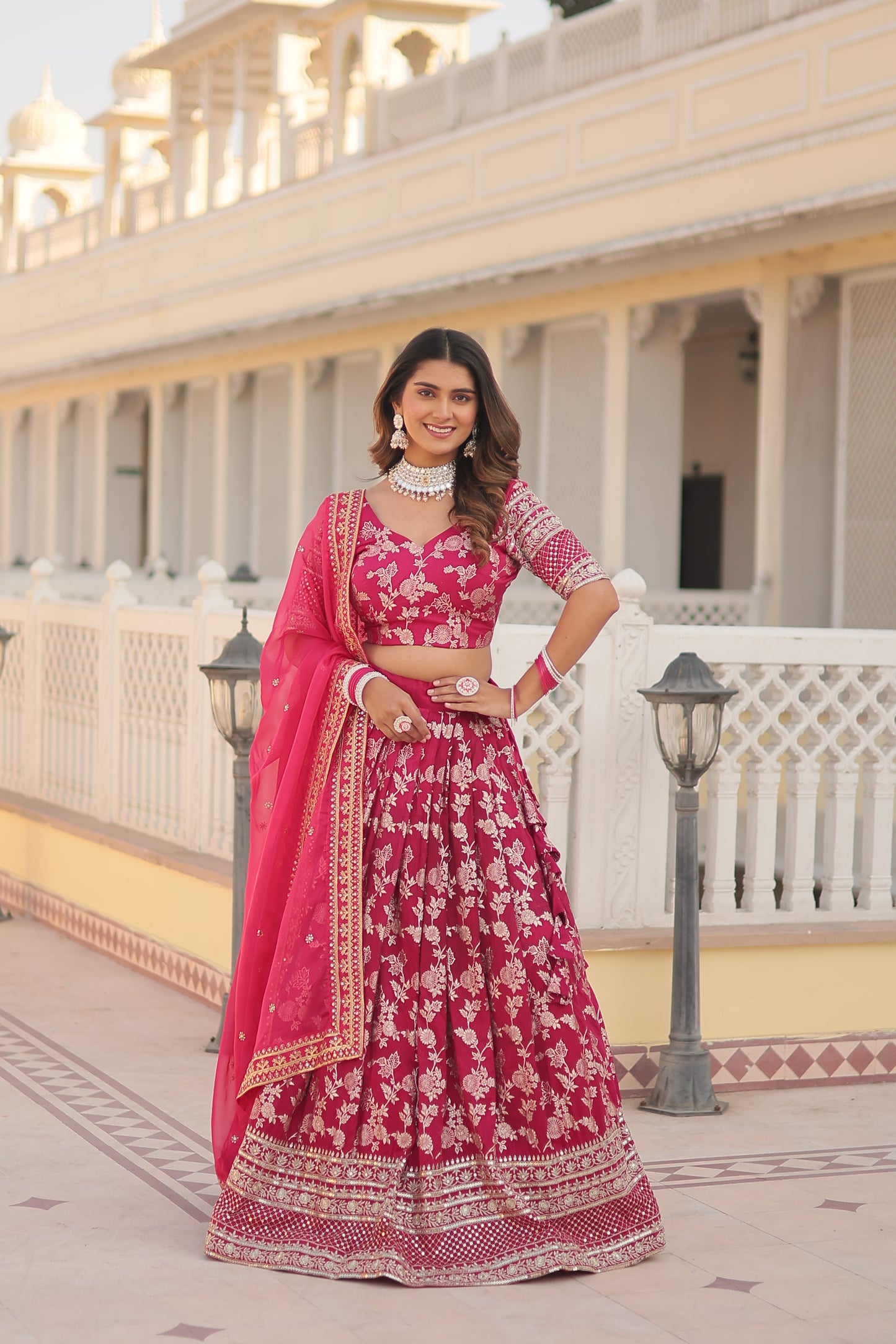 Designer Dyeable Viscose Jacquard Lehenga Choli & Dupatta Set – Sequins Embroidery & Russian Silk Dupatta