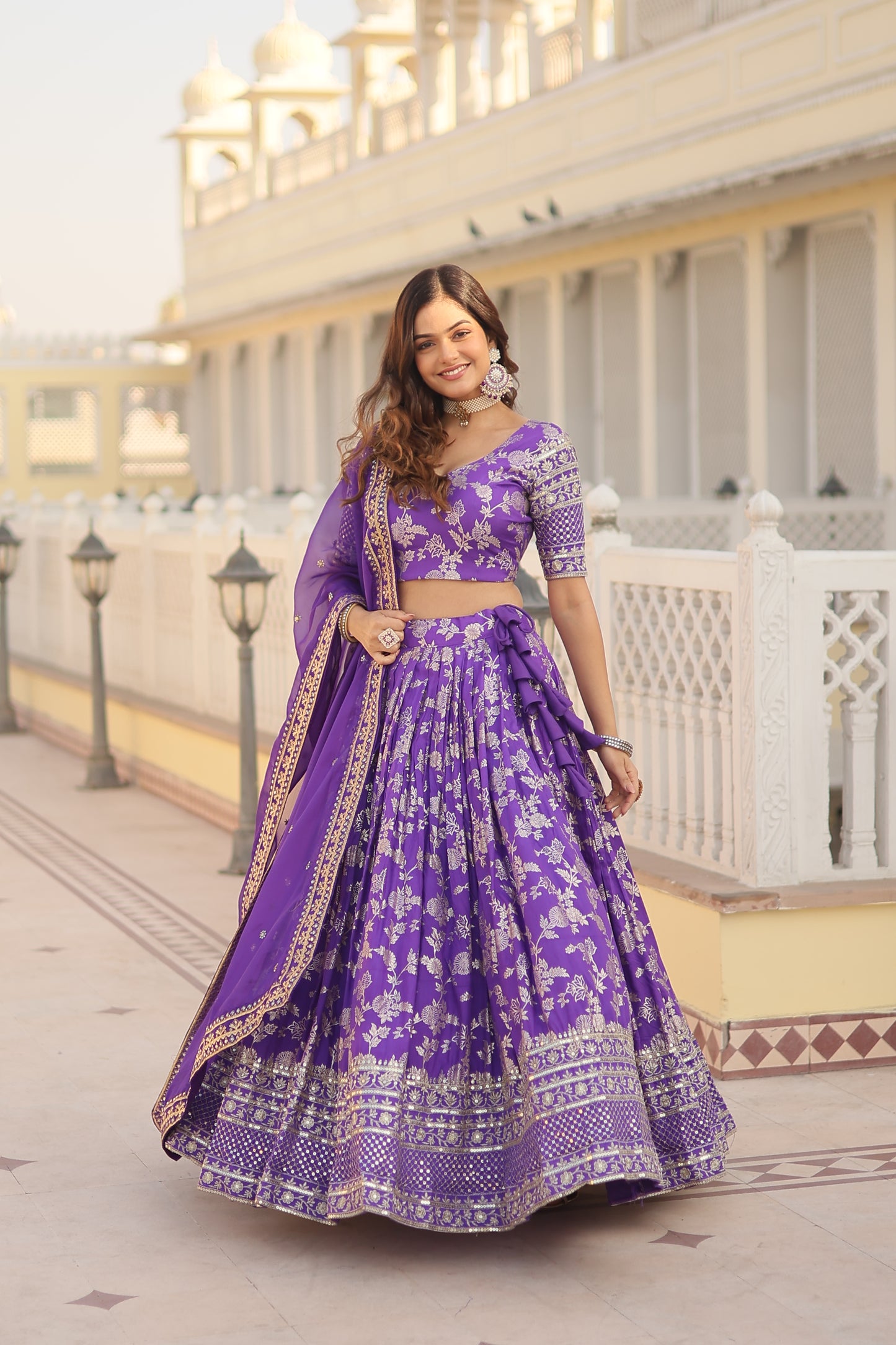 Designer Dyeable Viscose Jacquard Lehenga Choli & Dupatta Set – Sequins Embroidery & Russian Silk Dupatta