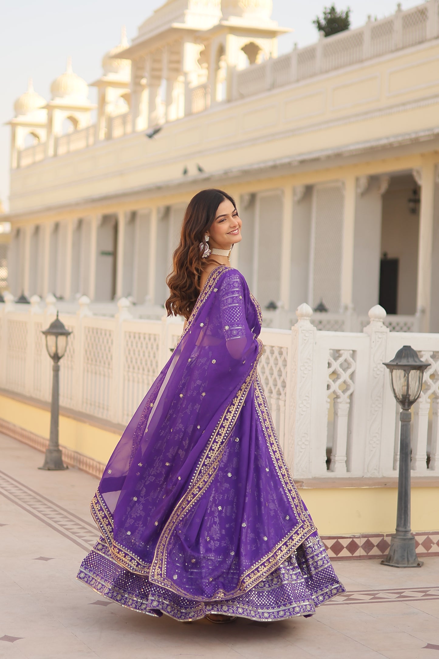 Designer Dyeable Viscose Jacquard Lehenga Choli & Dupatta Set – Sequins Embroidery & Russian Silk Dupatta