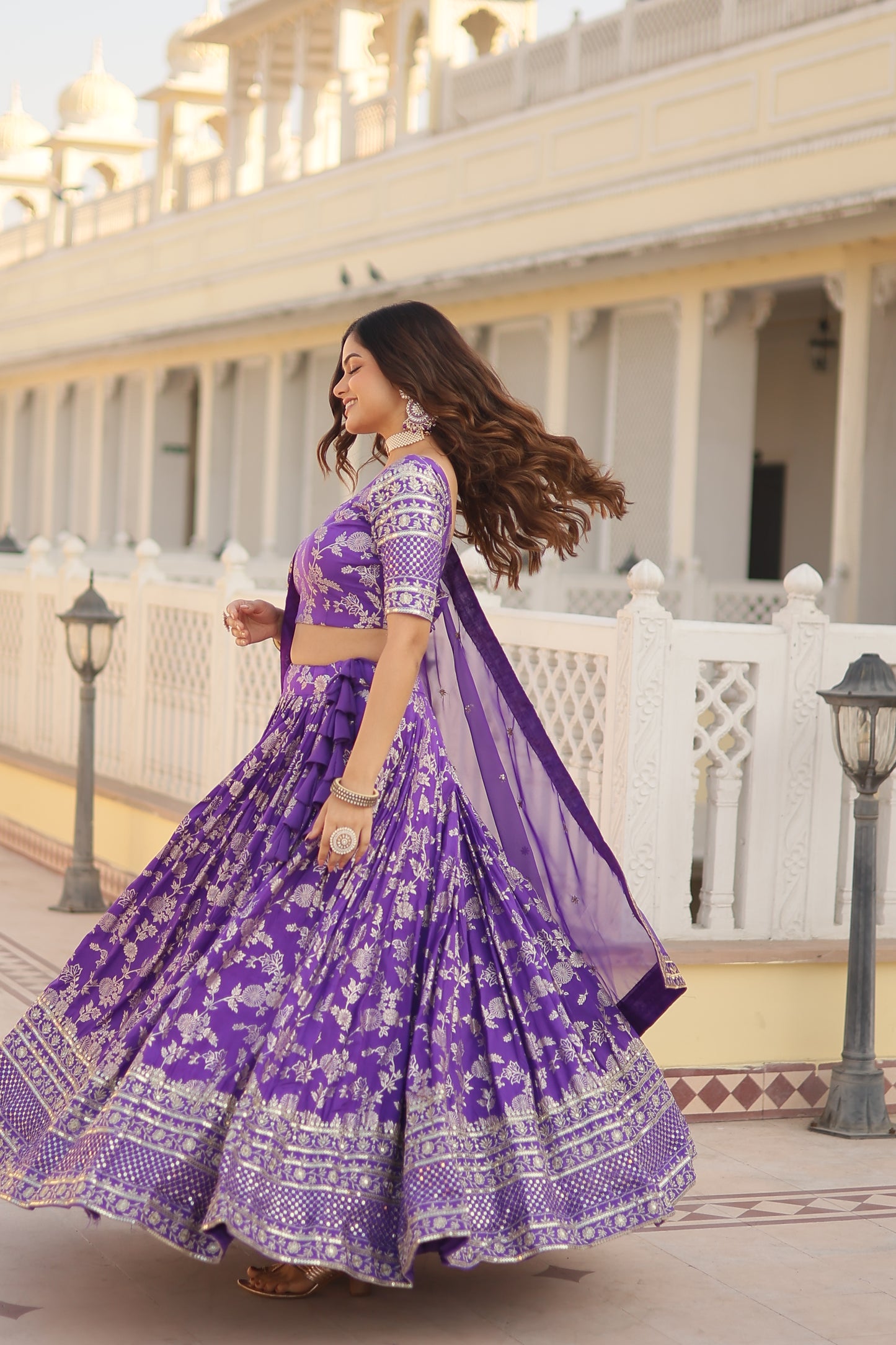 Designer Dyeable Viscose Jacquard Lehenga Choli & Dupatta Set – Sequins Embroidery & Russian Silk Dupatta