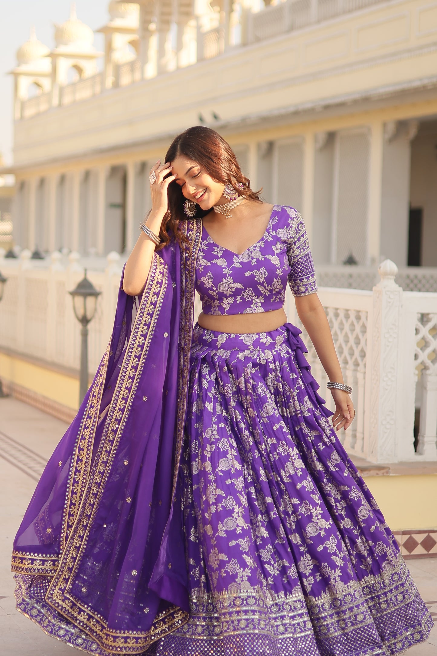 Designer Dyeable Viscose Jacquard Lehenga Choli & Dupatta Set – Sequins Embroidery & Russian Silk Dupatta