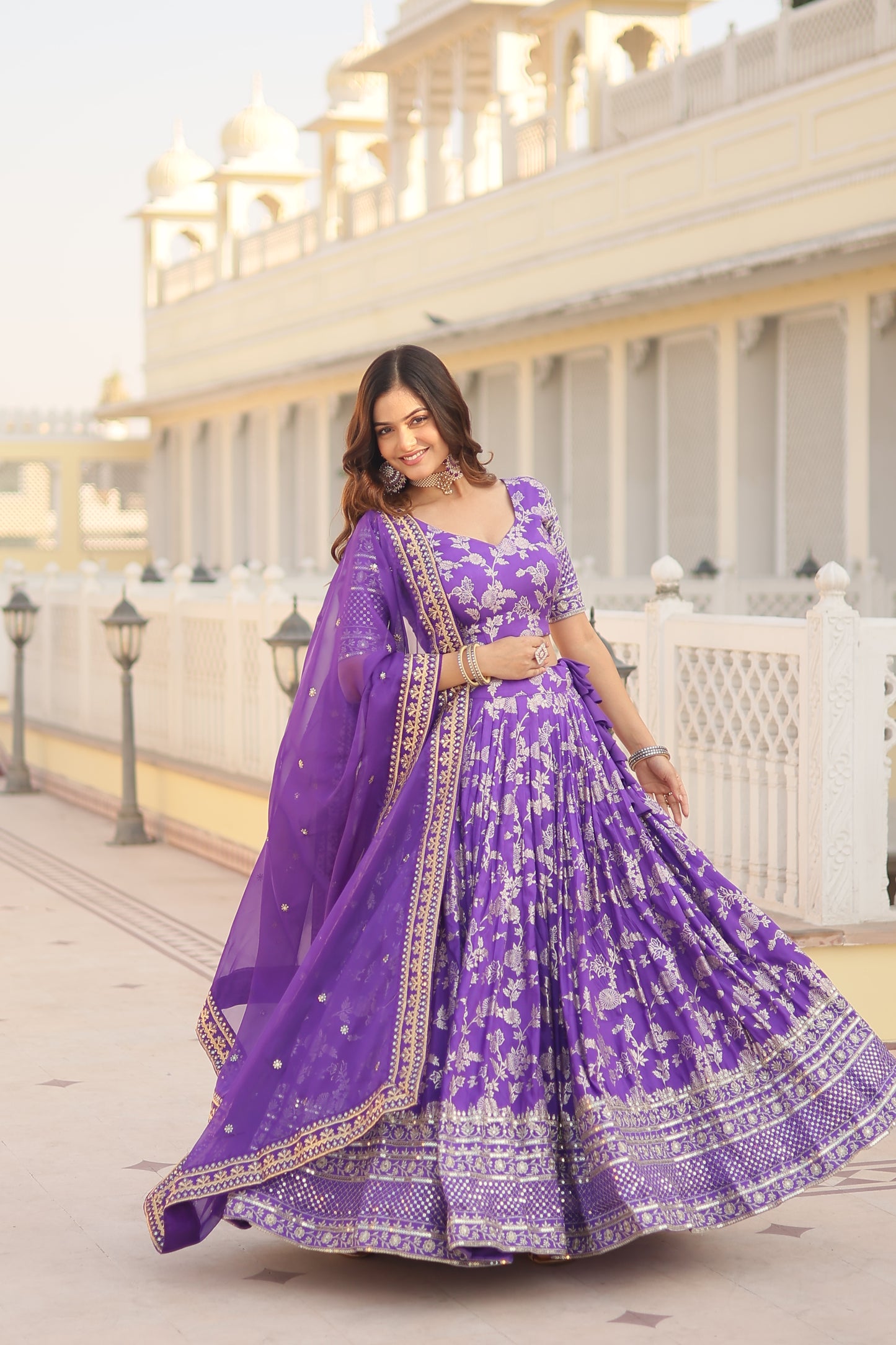 Designer Dyeable Viscose Jacquard Lehenga Choli & Dupatta Set – Sequins Embroidery & Russian Silk Dupatta