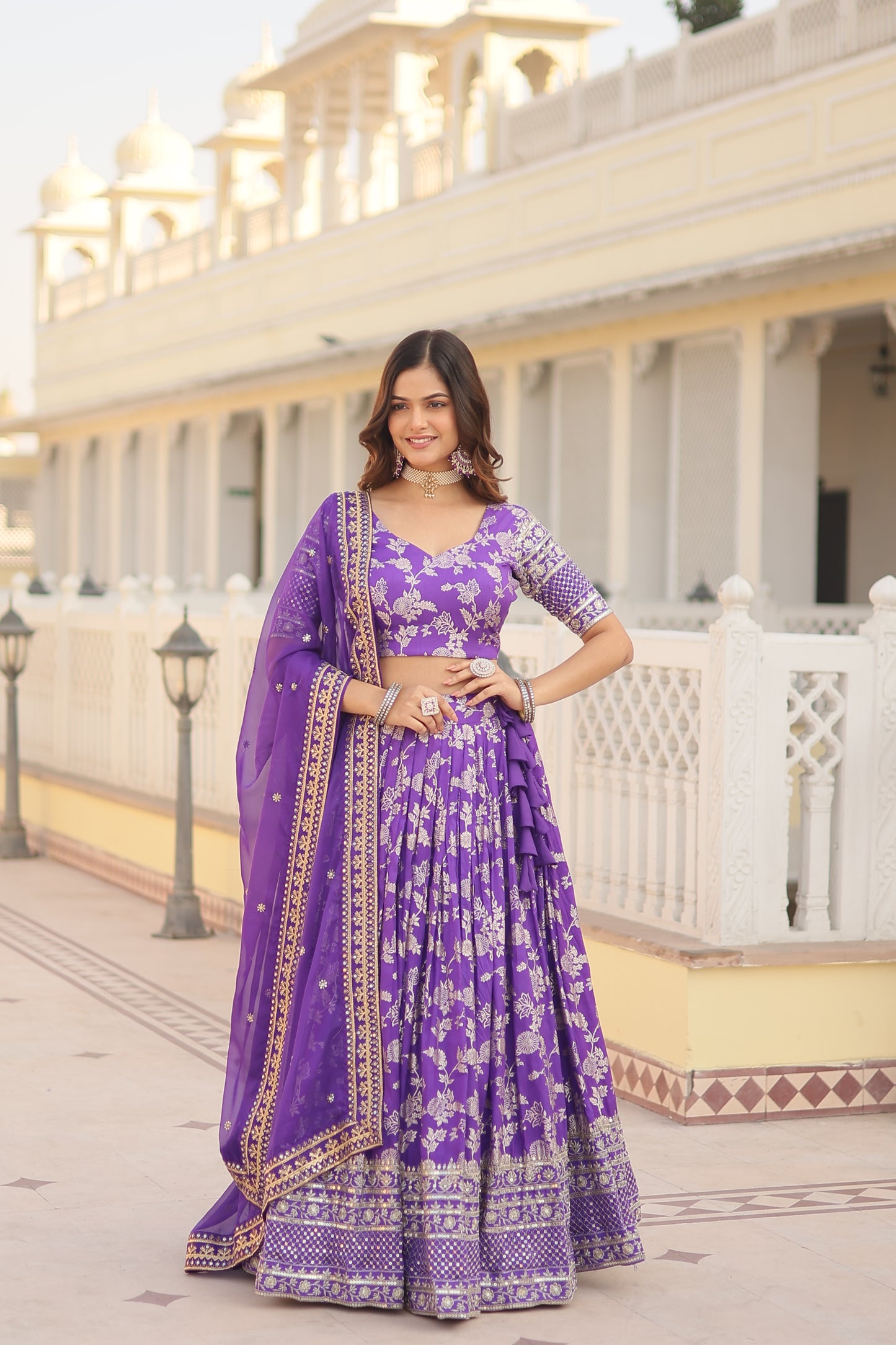 Designer Dyeable Viscose Jacquard Lehenga Choli & Dupatta Set – Sequins Embroidery & Russian Silk Dupatta