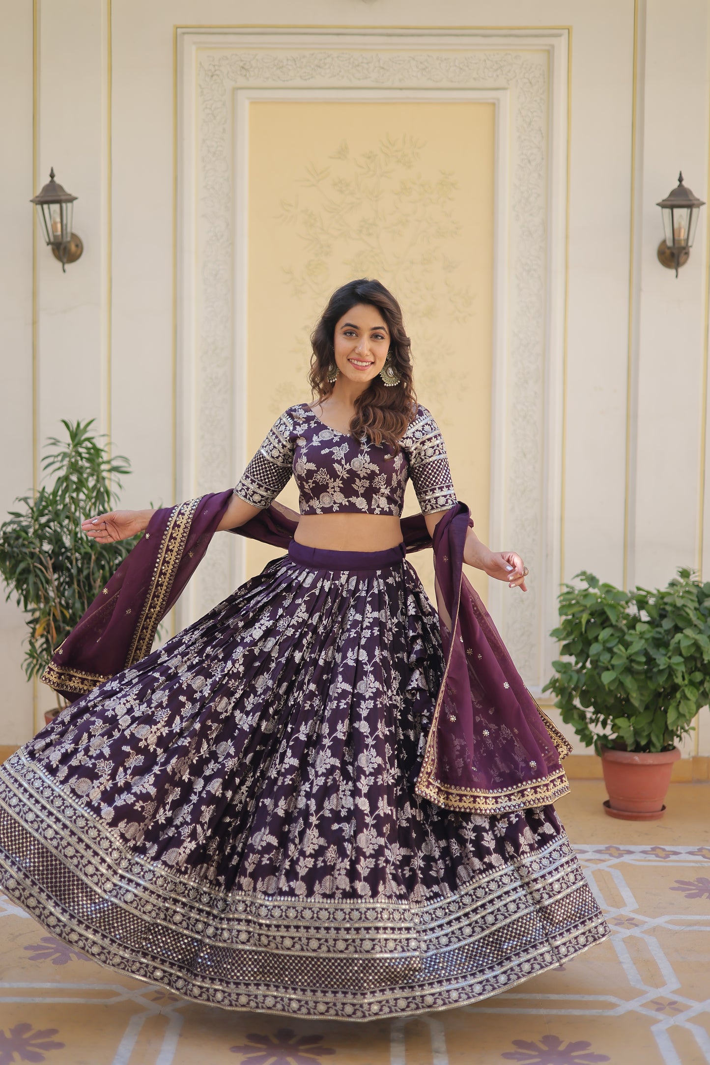 Designer Dyeable Viscose Jacquard Lehenga Choli & Dupatta Set – Sequins Embroidery & Russian Silk Dupatta