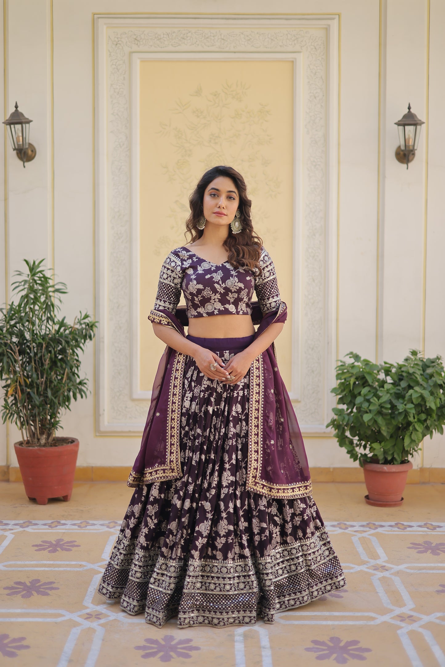 Designer Dyeable Viscose Jacquard Lehenga Choli & Dupatta Set – Sequins Embroidery & Russian Silk Dupatta