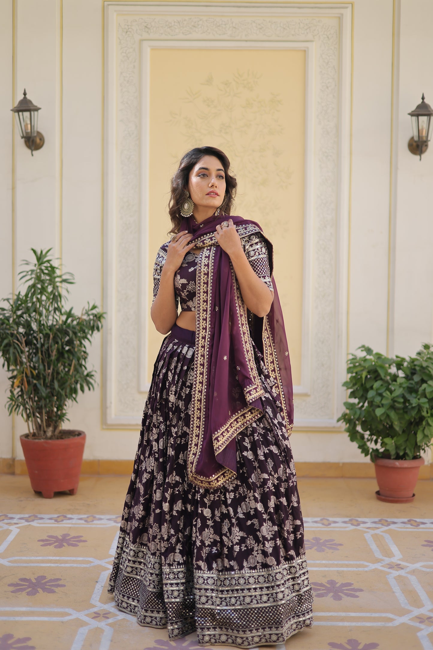 Designer Dyeable Viscose Jacquard Lehenga Choli & Dupatta Set – Sequins Embroidery & Russian Silk Dupatta