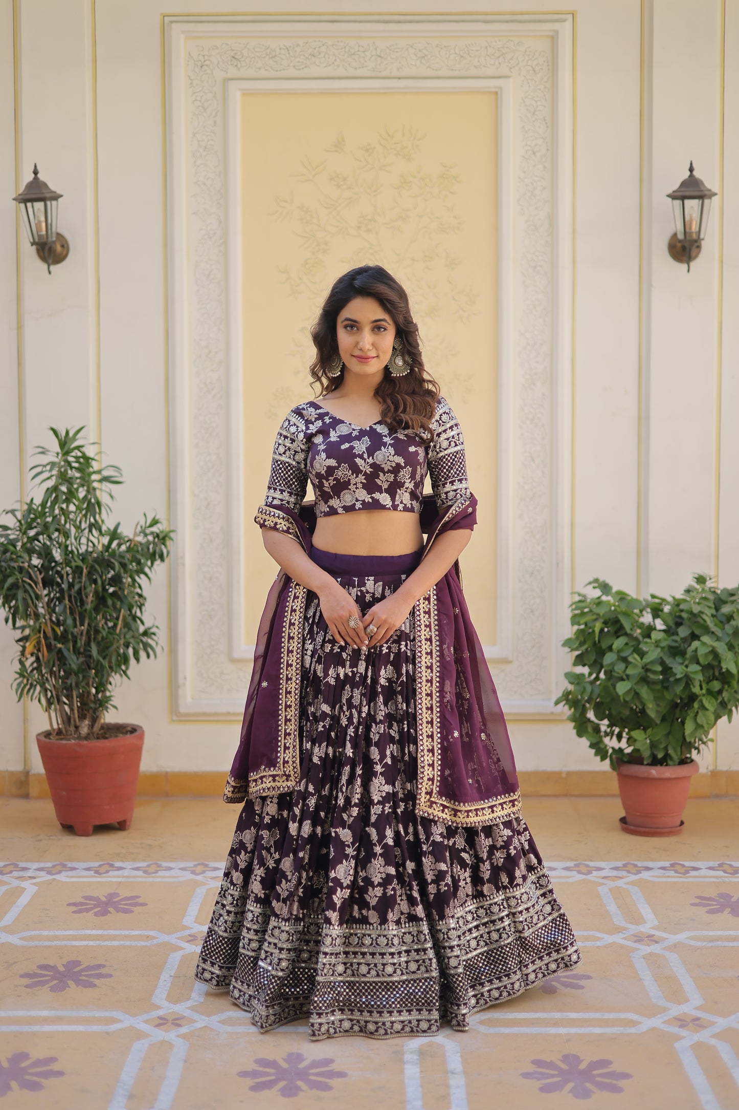 Designer Dyeable Viscose Jacquard Lehenga Choli & Dupatta Set – Sequins Embroidery & Russian Silk Dupatta