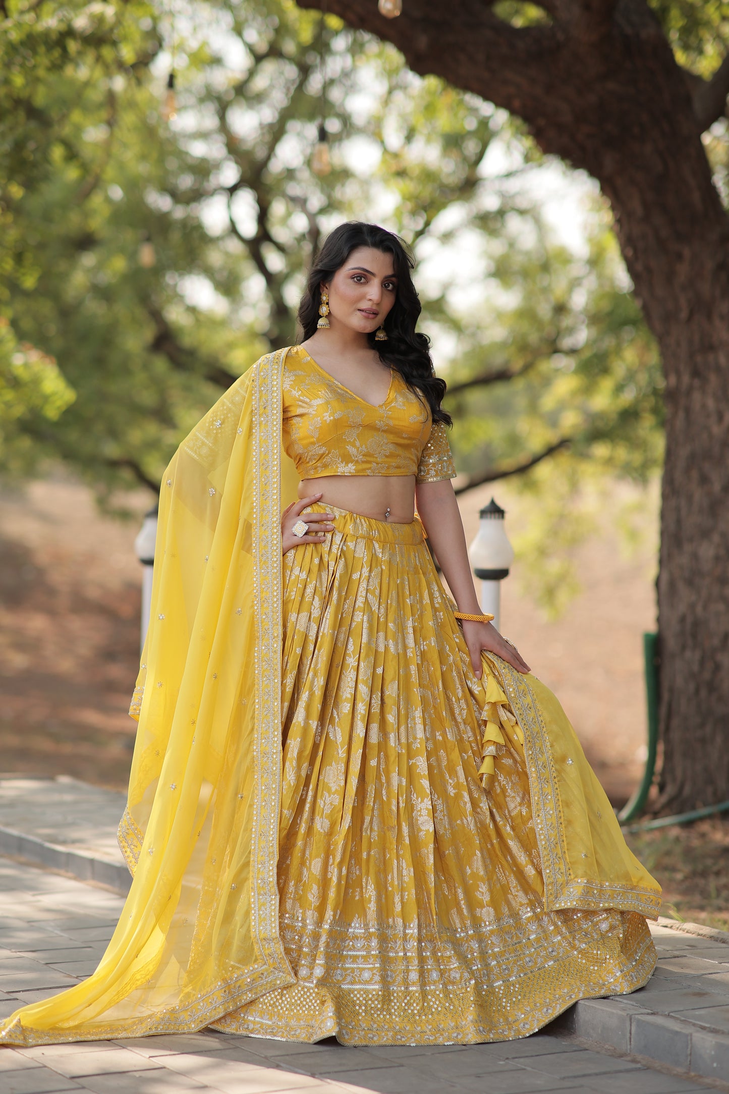 Designer Dyeable Viscose Jacquard Lehenga Choli & Dupatta Set – Sequins Embroidery & Russian Silk Dupatta