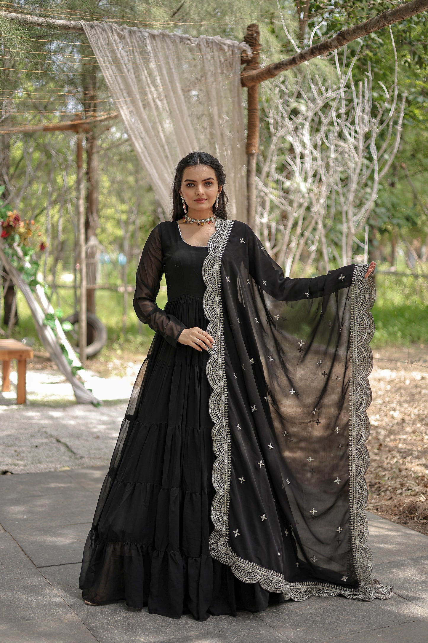 Desirable Women’s Gown with Designer Embroidered Dupatta – Faux Blooming Fabric & 12-Meter Flair