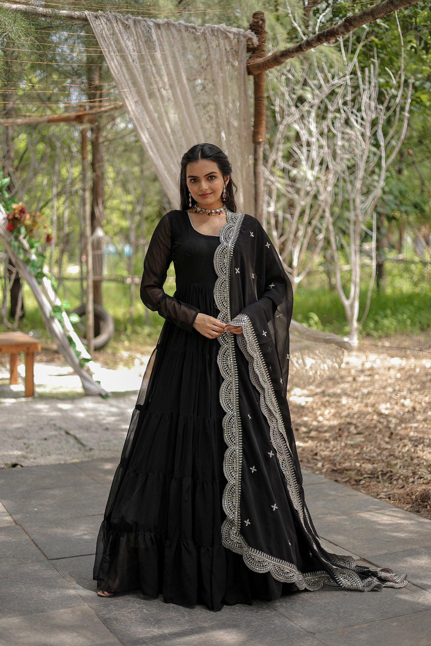 Desirable Women’s Gown with Designer Embroidered Dupatta – Faux Blooming Fabric & 12-Meter Flair