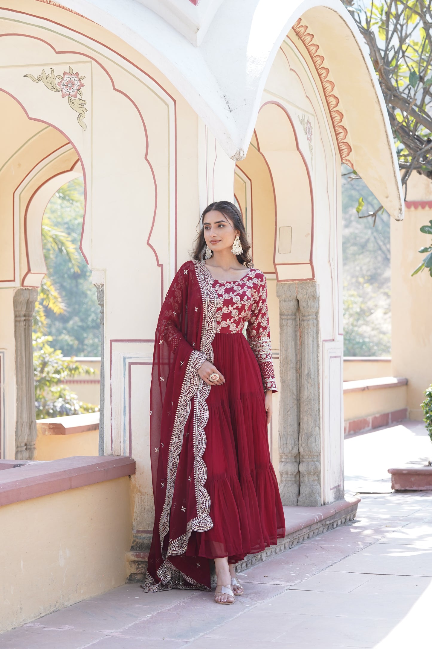 Flared Ethnic Gown with Bandhani Organza Dupatta – Sequins Embroidery & 12-Meter Flair