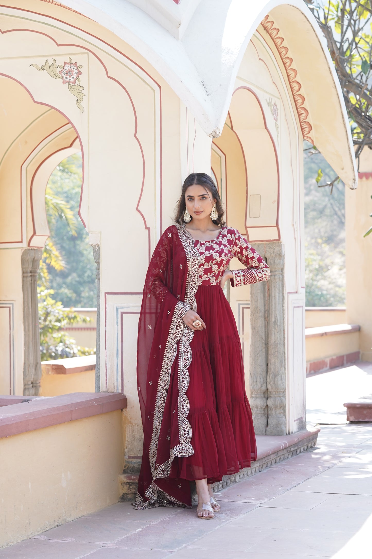 Flared Ethnic Gown with Bandhani Organza Dupatta – Sequins Embroidery & 12-Meter Flair