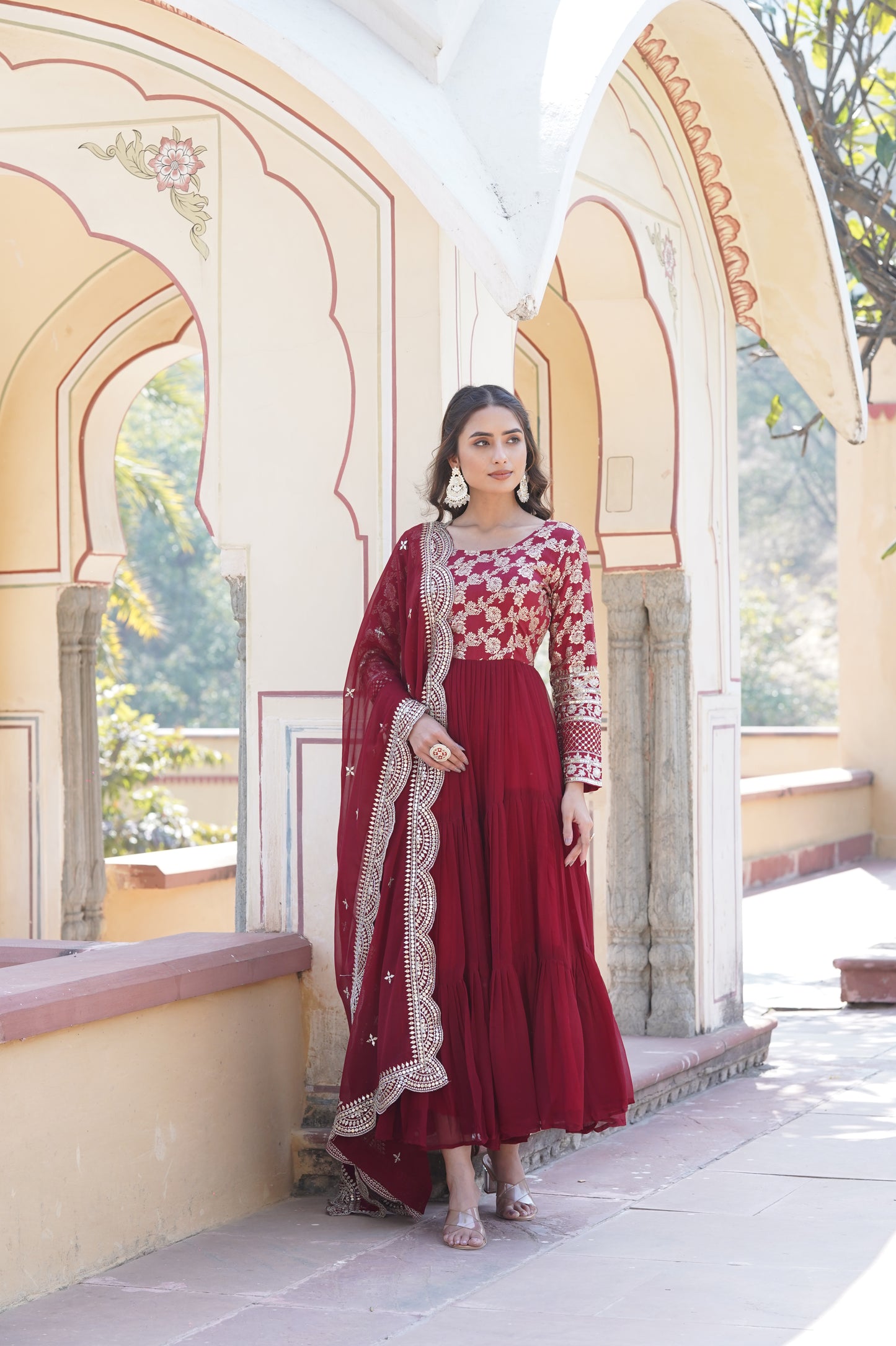 Flared Ethnic Gown with Bandhani Organza Dupatta – Sequins Embroidery & 12-Meter Flair