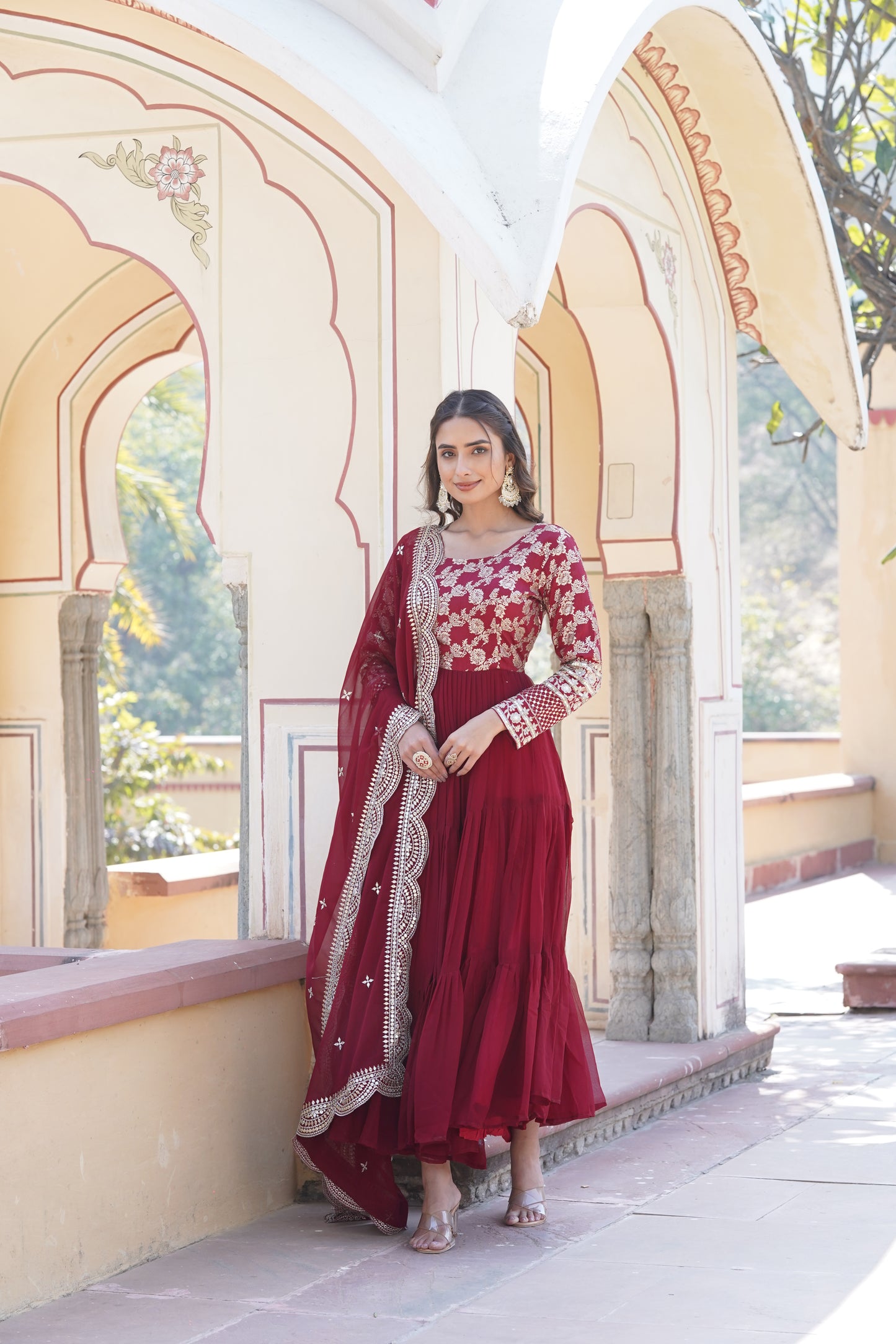 Flared Ethnic Gown with Bandhani Organza Dupatta – Sequins Embroidery & 12-Meter Flair