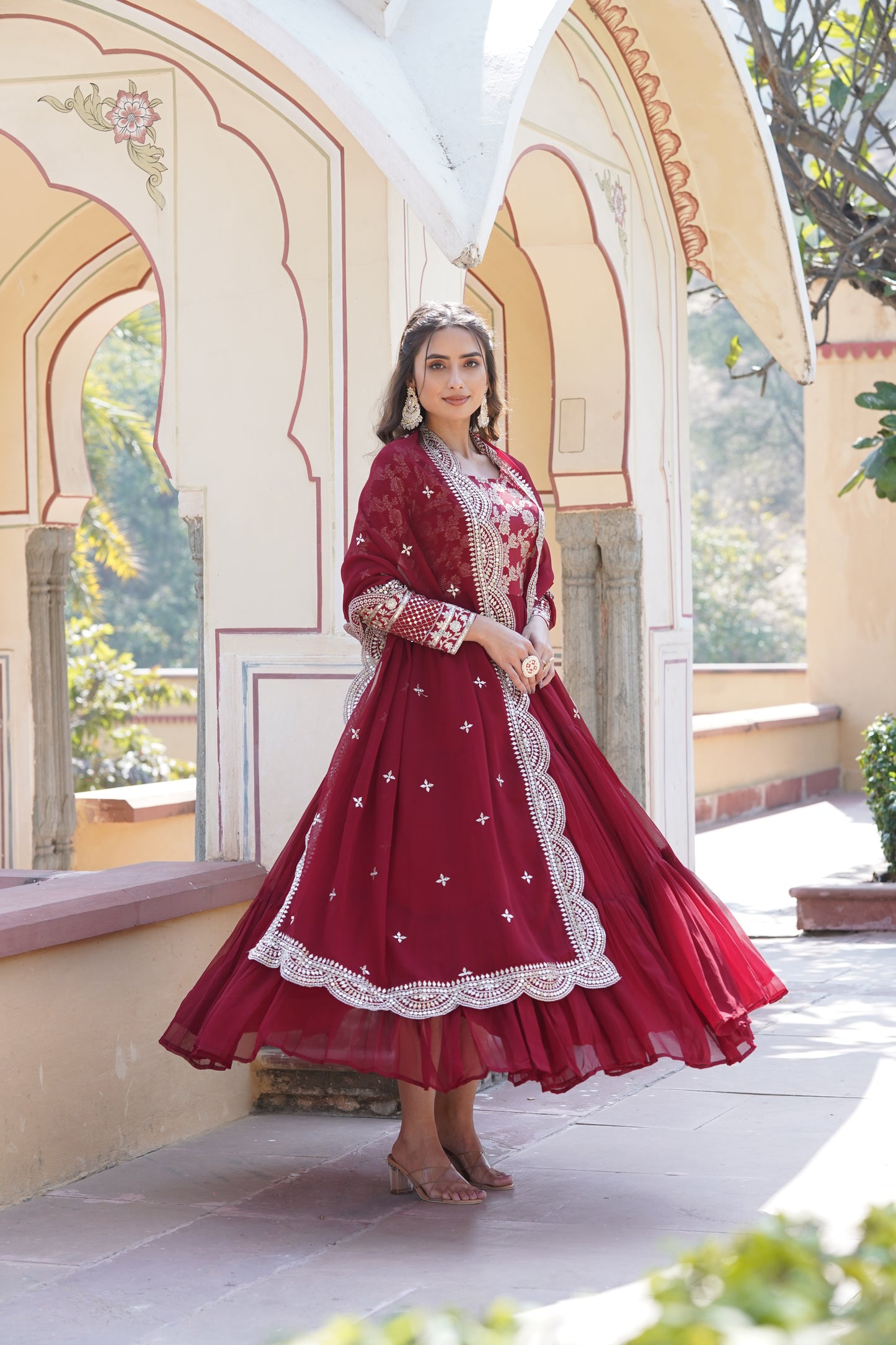 Flared Ethnic Gown with Bandhani Organza Dupatta – Sequins Embroidery & 12-Meter Flair