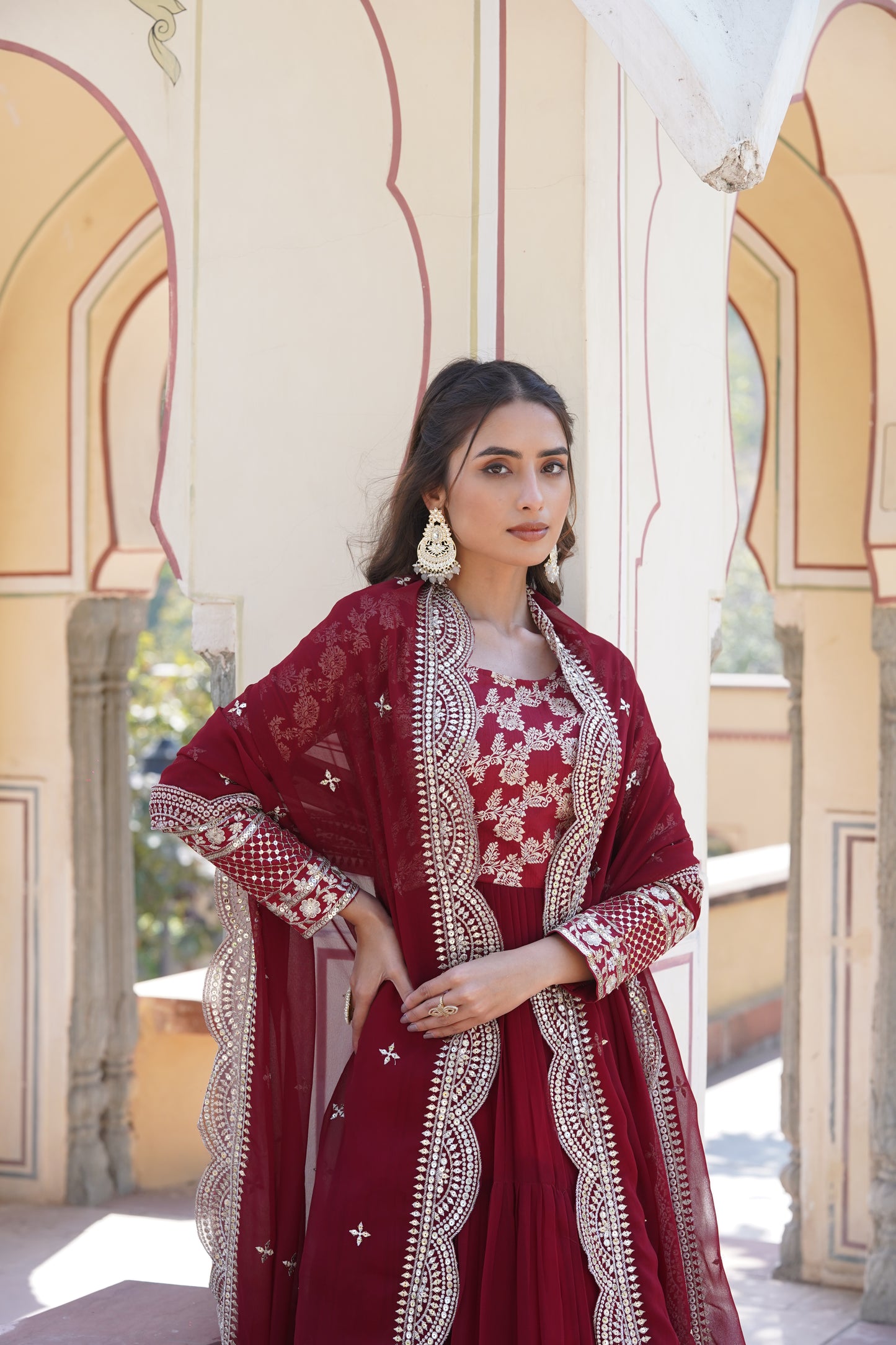 Flared Ethnic Gown with Bandhani Organza Dupatta – Sequins Embroidery & 12-Meter Flair