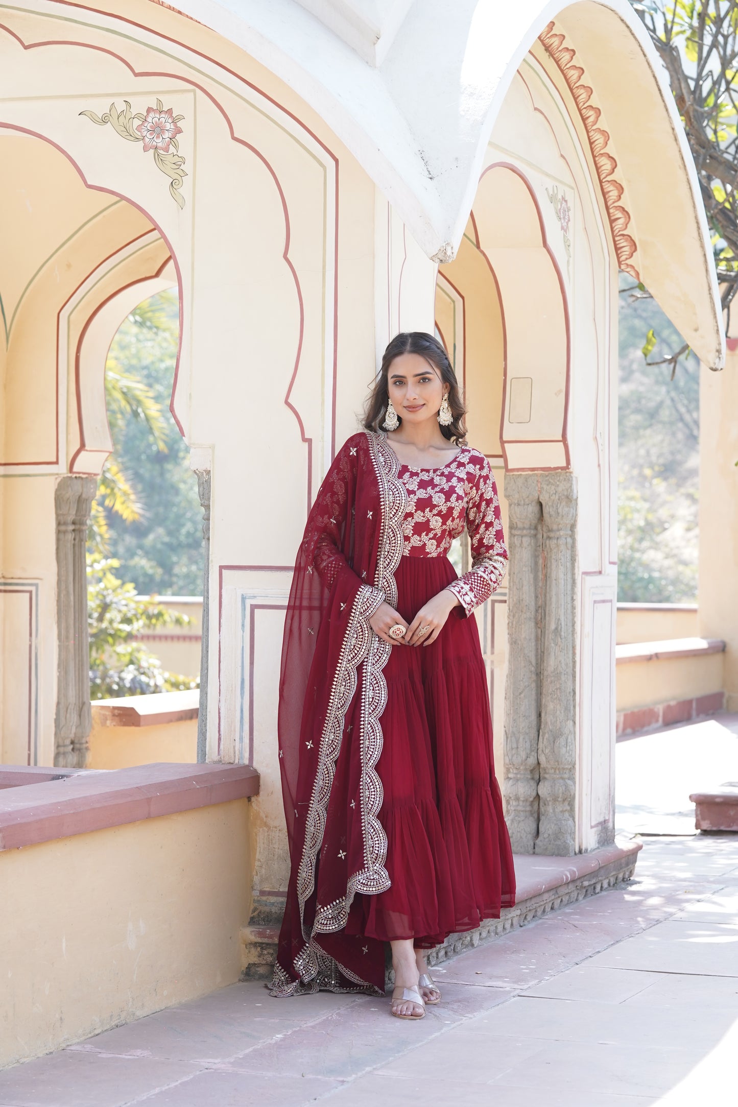 Flared Ethnic Gown with Bandhani Organza Dupatta – Sequins Embroidery & 12-Meter Flair