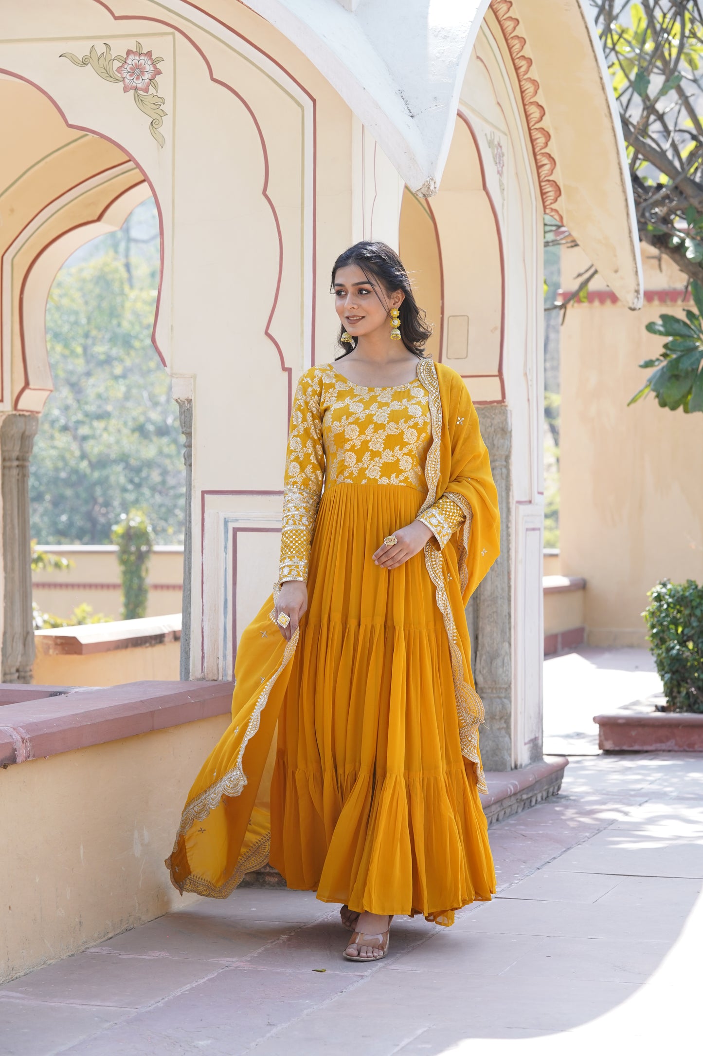 Flared Ethnic Gown with Bandhani Organza Dupatta – Sequins Embroidery & 12-Meter Flair