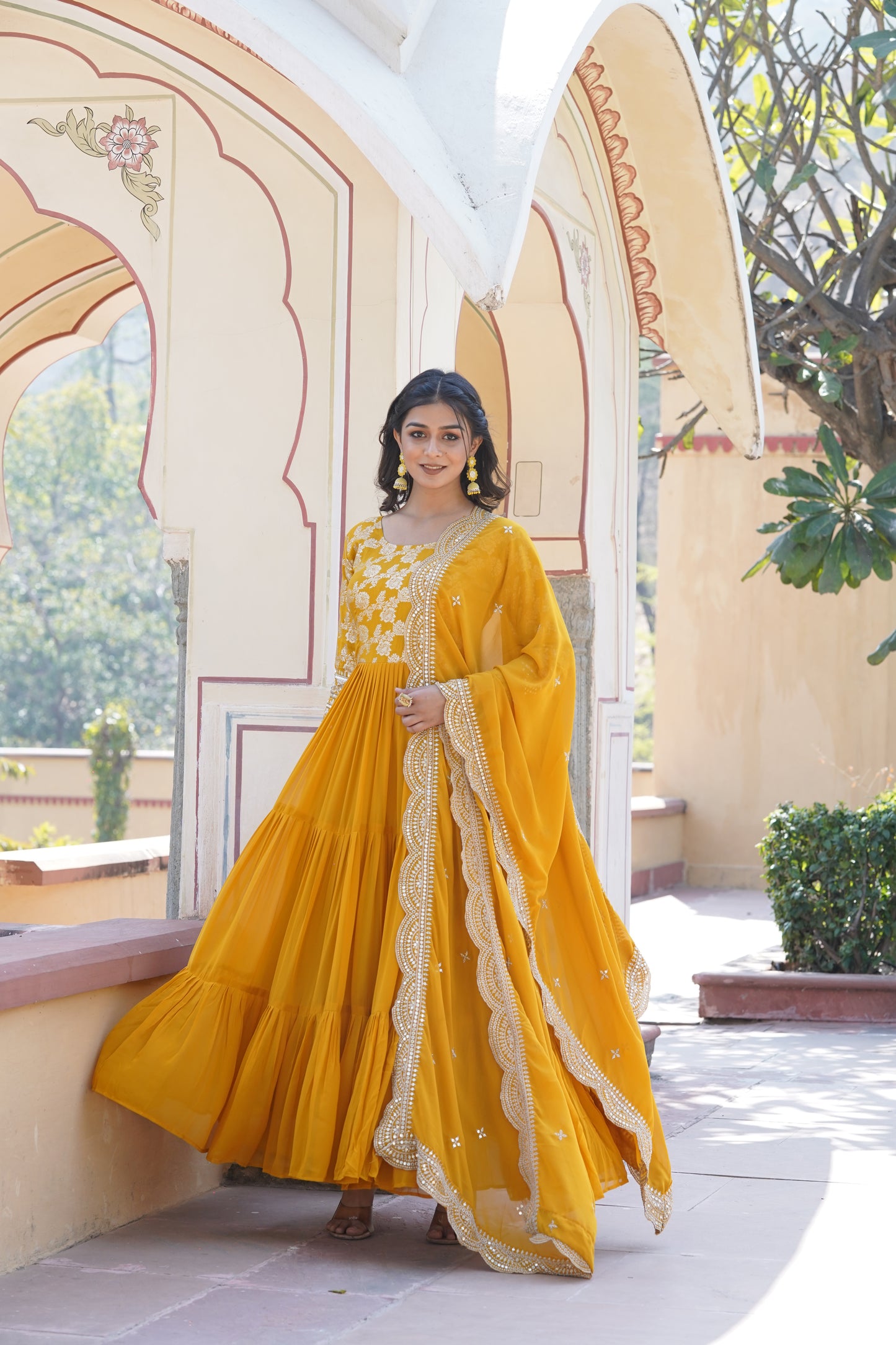 Flared Ethnic Gown with Bandhani Organza Dupatta – Sequins Embroidery & 12-Meter Flair