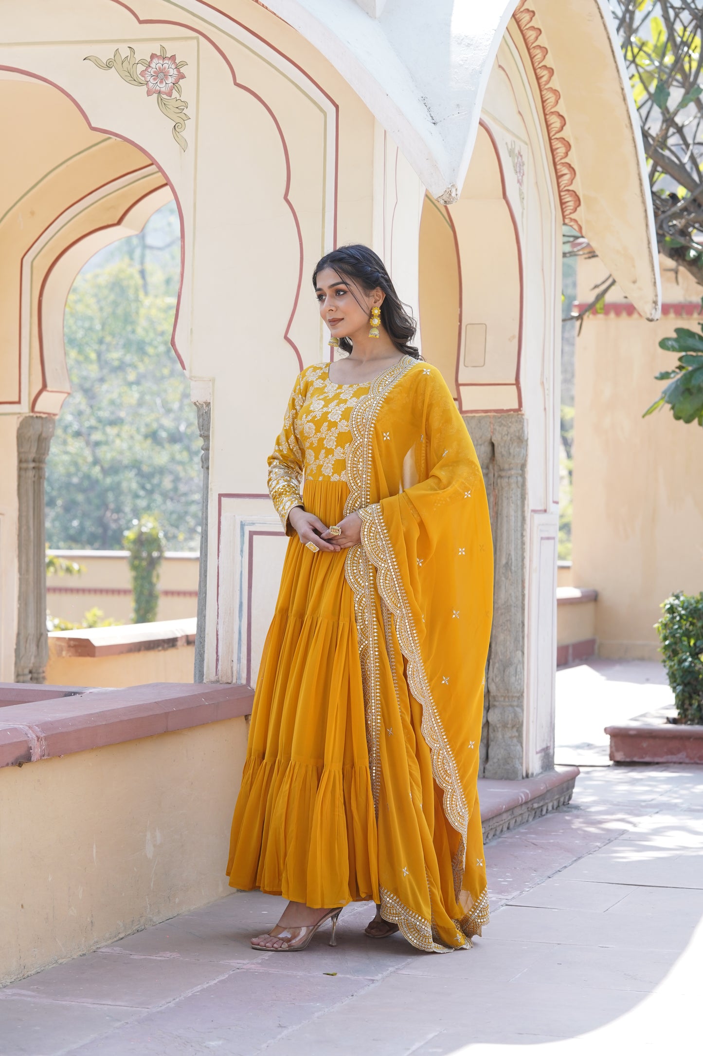 Flared Ethnic Gown with Bandhani Organza Dupatta – Sequins Embroidery & 12-Meter Flair